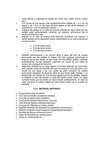 cedro blanco y angiosperma puede ser cedro rojo, nogal, fresno, caoba,
etc.).
ii. Con ayuda de una navaja corte longitudinalmente astillas de 1 a 2 mm de
grosor y de 1 a 2 cm de largo (procure seguir el hilo de la madera), un
volumen de 1 cm3
es suficiente material.
iii. Coloque las astillas en un tubo de ensaye y llénelo de agua hasta que las
astillas estén perfectamente cubiertas; así deberán permanecer por lo
menos durante tres días.
iv. Elabore en un tubo de ensaye CON MUCHO CUIDADO una solución a
partes iguales de los siguientes ácidos colocándolos en la misma secuencia
en que se citan:
• 5 ml de ácido nítrico
• 5 ml de ácido láctico
• 5 ml de ácido acético
v. Decante perfectamente y de manera lenta el agua del tubo de ensaye
procurando que las astillas no salgan del tubo, agregue lentamente la
solución de los tres ácidos al tubo hasta que las astillas queden cubiertas
perfectamente, de ser necesario muévalas con ayuda de una varilla de
vidrio o de una aguja de disección.
vi. Deje este material en un lugar seguro y reviselo después de cinco días,
para hacerlo, vierta el contenido del tubo de ensaye en una caja petri y con
ayuda de una aguja o de una varilla de vidrio presione las astillas
procurando rasparlas; la situación ideal es que éstas estén blandas y se
desprendan las células de una manera algodonosa de las astillas; regrese
el material al tubo de ensaye, si está listo lávelo varias veces con agua
corriente hasta que los ácidos se hayan lavado perfectamente, en caso de
estar aún dura la madera déjela por más tiempo hasta que la muestra se
ablande.
3.3.2. MATERIAL BOTANICO
• Preparaciones fijas de xilema
• Una rama de Elodea canadensis (elodea)
• Un bulbo de Allium cepa (cebollina)
• Una guia de Sechium edule (erizo, chayote)
• Una rama de Spinaca oleracea (espinaca)
• Una guia de Tillandsia sp. (heno, paxtle)
• Material macerado de angiosperma (preparado previamente*)
• Material macerado de gimnosperma (preparadopreviamente*)
• Semillas de Ricinus communis (ricino)
• Hojas de Poinsettia sp. (nochebuena)
• Flores de Tradescantia sp.
 