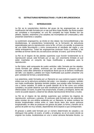 12. ESTRUCTURAS REPRODUCTIVAS I. FLOR E INFLORESCENCIA
12.1. INTRODUCCION
La flor es la característica distintiva del grupo de las angiospermas; es una
modificación del tallo formada por un eje que lleva hojas florales; las flores pueden
ser completas e incompletas; en una flor completa las hojas florales son los
pétalos, sépalos, estambres y los carpelos; las incompletas son unisexuales y sólo
presentan estambres o carpelos.
La subdivisión angiosperma, se divide en dos clases: las monocotiledóneas y las
dicotiledoneas, la característica fundamental, es la formación de estructuras
especializadas para la reproducción como la flor, el fruto y la semilla, la presencia
de una doble fecundación y como consecuencia el resultado del cigoto y una
célula endospérmica. Todas las angiospermas producen frutos y semillas, y las
semillas se forman dentro de una estructura cerrada: el ovario, que forma el fruto.
La flor es el órgano de las plantas superiores cuya función fundamental es la
reproducción sexual, está formado por un eje, con crecimiento limitado al cual
están insertadas un conjunto de hojas modificadas y adaptadas para la
reproducción.
La flor típica, está compuesta de cuatro verticilos: cáliz; formado por los sépalos,
corola formado por pétalos, androceo por los estambres y gineceo por los
carpelos; todos ellos adheridos al receptáculo floral que es el extremo modificado
del tallo. Los sépalos y pétalos son hojas modificadas que pueden presentar una
gran variedad de formas y características.
Los estambres, están formados por un filamento en cuyo extremo superior está la
antera que es la estructura portadora del polen. Los carpelos o gineceo, también
son hojas modificadas, llamados también pistilos, que pueden estar formados por
uno o varios carpelos. El pistilo se puede disectar de la flor como una unidad
completa y se puede observar que está constituido por tres secciones claramente
diferenciadas: el ovario, la parte mas ensanchada, el estilo y el estigma; dentro del
ovario se puede separar y observar las células reproductoras femeninas u óvulos.
La flor es el órgano de las plantas superiores que contiene los órganos de
reproducción: androceo y gineceo. El androceo está formado por los estambres,
estos constan de una antena sostenida por un filamento, la antera contiene los
lóculos longitudinales unidos entre sí; cada lóculo tiene dos sacos polínicos
longitudinales; en ellos se producen los granos de polen; la forma y tamaño de lo
granos de polen es muy variada, dependiendo de la especie a que correspondan.
El gineceo o pistilo está formado por un número determinado de carpelos y se
distinguen tres partes: el ovario, el estilo y el estigma; es en el ovario donde se
originan los óvulos, localizándose en una o varias cámaras llamadas lóculos. La
 