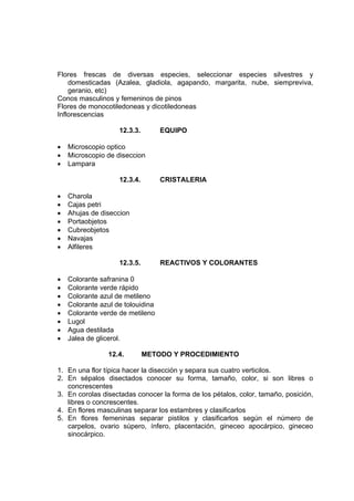 Flores frescas de diversas especies, seleccionar especies silvestres y
domesticadas (Azalea, gladiola, agapando, margarita, nube, siempreviva,
geranio, etc)
Conos masculinos y femeninos de pinos
Flores de monocotiledoneas y dicotiledoneas
Inflorescencias
12.3.3. EQUIPO
• Microscopio optico
• Microscopio de diseccion
• Lampara
12.3.4. CRISTALERIA
• Charola
• Cajas petri
• Ahujas de diseccion
• Portaobjetos
• Cubreobjetos
• Navajas
• Alfileres
12.3.5. REACTIVOS Y COLORANTES
• Colorante safranina 0
• Colorante verde rápido
• Colorante azul de metileno
• Colorante azul de tolouidina
• Colorante verde de metileno
• Lugol
• Agua destilada
• Jalea de glicerol.
12.4. METODO Y PROCEDIMIENTO
1. En una flor típica hacer la disección y separa sus cuatro verticilos.
2. En sépalos disectados conocer su forma, tamaño, color, si son libres o
concrescentes
3. En corolas disectadas conocer la forma de los pétalos, color, tamaño, posición,
libres o concrescentes.
4. En flores masculinas separar los estambres y clasificarlos
5. En flores femeninas separar pistilos y clasificarlos según el número de
carpelos, ovario súpero, ínfero, placentación, gineceo apocárpico, gineceo
sinocárpico.
 