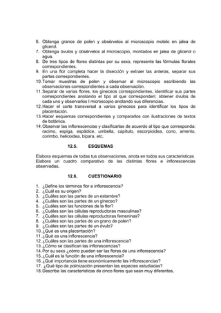 6. Obtenga granos de polen y obsérvelos al microscopio motelo en jalea de
glicerol.
7. Obtenga óvulos y obsérvelos al microscopio, montados en jalea de glicerol o
agua.
8. De tres tipos de flores distintas por su sexo, represente las fórmulas florales
correspondientes.
9. En una flor completa hacer la disección y extraer las anteras, separar sus
partes correspondientes.
10.Tomar muestras de polen y observar al microscopio escribiendo las
observaciones correspondientes a cada observación.
11.Separar de varias flores, los gineceos correspondientes, identificar sus partes
correspondientes anotando el tipo al que corresponden; obtener óvulos de
cada uno y observarlos l microscopio anotando sus diferencias.
12.Hacer el corte transversal a varios gineceos para identificar los tipos de
placentación.
13.Hacer esquemas correspondientes y compararlos con ilustraciones de textos
de botánica.
14.Observar las inflorescencias y clasificarlas de acuerdo al tipo que corresponda:
racimo, espiga, espádice, umbella, capítulo, escorpioidea, cono, amento,
corimbo, helicoidea, bipara, etc.
12.5. ESQUEMAS
Elabora esquemas de todas tus observaciones, anota en todos sus caracteristicas
Elabora un cuadro comparativo de las distintas flores e inflorescencias
observadas.
12.6. CUESTIONARIO
1. ¿Define los términos flor e inflorescencia?
2. ¿Cuál es su origen?
3. ¿Cuáles son las partes de un estambre?
4. ¿Cuáles son las partes de un gineceo?
5. ¿Cuáles son las funciones de la flor?
6. ¿Cuáles son las células reproductoras masculinas?
7. ¿Cuáles son las células reproductoras femeninas?
8. ¿Cuáles son las partes de un grano de polen?
9. ¿Cuáles son las partes de un óvulo?
10.¿Qué es una placentación?
11.¿Qué es una inflorescencia?
12.¿Cuáles son las partes de una inflorescencia?
13.¿Cómo se clasifican las inflorescencias?
14.Por su sexo ¿cómo pueden ser las flores de una inflorescencia?
15.¿Cuál es la función de una inflorescencia?
16.¿Qué importancia tiene económicamente las inflorescencias?
17. ¿Qué tipo de polinización presentan las especies estudiadas?
18.Describe las caracteristicas de cinco flores que sean muy diferentes.
 