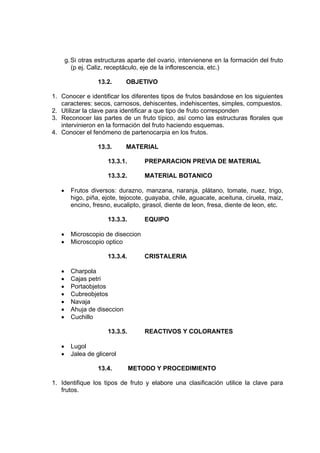 g.Si otras estructuras aparte del ovario, intervienene en la formación del fruto
(p ej. Caliz, receptáculo, eje de la inflorescencia, etc.)
13.2. OBJETIVO
1. Conocer e identificar los diferentes tipos de frutos basándose en los siguientes
caracteres: secos, carnosos, dehiscentes, indehiscentes, simples, compuestos.
2. Utilizar la clave para identificar a que tipo de fruto corresponden
3. Reconocer las partes de un fruto típico, así como las estructuras florales que
intervinieron en la formación del fruto haciendo esquemas.
4. Conocer el fenómeno de partenocarpia en los frutos.
13.3. MATERIAL
13.3.1. PREPARACION PREVIA DE MATERIAL
13.3.2. MATERIAL BOTANICO
• Frutos diversos: durazno, manzana, naranja, plátano, tomate, nuez, trigo,
higo, piña, ejote, tejocote, guayaba, chile, aguacate, aceituna, ciruela, maiz,
encino, fresno, eucalipto, girasol, diente de leon, fresa, diente de leon, etc.
13.3.3. EQUIPO
• Microscopio de diseccion
• Microscopio optico
13.3.4. CRISTALERIA
• Charpola
• Cajas petri
• Portaobjetos
• Cubreobjetos
• Navaja
• Ahuja de diseccion
• Cuchillo
13.3.5. REACTIVOS Y COLORANTES
• Lugol
• Jalea de glicerol
13.4. METODO Y PROCEDIMIENTO
1. Identifique los tipos de fruto y elabore una clasificación utilice la clave para
frutos.
 