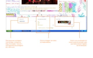 Para pesquisar postagens      Esta é a listagem de todos     Esta é uma visualização do
mais antigas, na base do      os colaboradores.            nosso canal do youtube, para
blog, há a opção “arquivo”,                                  que todos estejam ligados
que segmenta as postagens                                              nas atualizações.
por mês e ano.
 