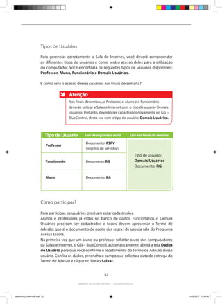 Tipos de Usuários

                          Para gerenciar corretamente a Sala de Internet, você deverá compreender
                          os diferentes tipos de usuários e como será o acesso deles para a utilização
                          do computador. Você encontrará os seguintes tipos de usuários disponíveis:
                          Professor, Aluno, Funcionário e Demais Usuários.

                          E como será o acesso desses usuários aos finais de semana?

                                              Atenção
                                              Nos finais de semana, o Professor, o Aluno e o Funcionário
                                              deverão utilizar a Sala de Internet com o tipo de usuário Demais
                                              Usuários. Portanto, deverão ser cadastrados novamente no GSI –
                                              BlueControl, desta vez com o tipo de usuário: Demais Usuários.



                                Tipo de Usuário         Uso de segunda a sexta        Uso aos finais de semana

                                                        Documento: RSPV
                                Professor
                                                        (registro de servidor)
                                                                                            Tipo de usuário:
                                Funcionário             Documento RG                        Demais Usuários
                                                                                            Documento: RG

                                Aluno                   Documento: RA




                          Como participar?

                          Para participar, os usuários precisam estar cadastrados.
                          Alunos e professores já estão no banco de dados. Funcionários e Demais
                          Usuários precisam ser cadastrados e todos devem apresentar o Termo de
                          Adesão, que é o documento de aceite das regras de uso da sala do Programa
                          Acessa Escola.
                          Na primeira vez que um aluno ou professor solicitar o uso dos computadores
                          da Sala de Internet, o GSI – BlueControl, automaticamente, abrirá a tela Dados
                          do Usuário para que você confirme o recebimento do Termo de Adesão desse
                          usuário. Confira os dados, preencha o campo que solicita a data de entrega do
                          Termo de Adesão e clique no botão Salvar.


                                                                     32

                                                    Manual do bluecontrol - acessa escola




bluecontrol_miolo1406.indd 32                                                                                    14/06/2011 15:43:46
 