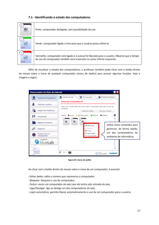 17
7.1 - Identificando o estado dos computadores
Preto: computador desligado, sem possibilidade de uso.
Verde: computador ligado e livre para que o usuário possa utilizá-lo.
Vermelho: computador está ligado e o acesso foi liberado para o usuário. Observe que o tempo
de uso do computador também será mostrado no canto inferior esquerdo.
Além de visualizar o estado dos computadores, o professor também pode clicar com o botão direito
do mouse sobre o ícone de qualquer computador (menu de atalho) para acessar algumas funções. Veja a
imagem a seguir:
Figura 23: menu de atalho
Ao clicar com o botão direito do mouse sobre o ícone de um computador, é possível:
- Editar dados: edita o número que representa o computador;
- Bloquear: bloqueia o uso do computador;
- Excluir: exclui um computador da sala caso ele tenha sido retirado da sala;
- Ligar/Desligar: liga ou desliga um dos computadores da sala;
- Login automático: permite liberar automaticamente o uso de um computador para o usuário.
Utilize estes comandos para
gerenciar, de forma rápida,
um dos computadores do
ambiente de informática.
 
