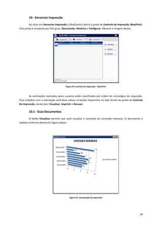 34
10 - Gerenciar impressão
Ao clicar em Gerenciar Impressão o BlueControl abrirá a janela de Controle de Impressão (BluePrint).
Esta janela é composta por três guias: Documento, Histórico e Configurar. Observe a imagem abaixo.
Figura 54: controle de impressão – BluePrint
As solicitações realizadas pelos usuários estão classificadas por ordem de cronológica de requisição.
Para trabalhar com a solicitação você deve utilizar os botões disponíveis no lado direito da janela do Controle
De Impressão, sendo eles: Visualizar, Imprimir e Recusar.
10.1 - Guia Documentos
O botão Visualizar permite que você visualize o conteúdo do conteúdo impresso. O documento é
exibido conforme demonstra figura abaixo.
Figura 55: visualização da impressão
 
