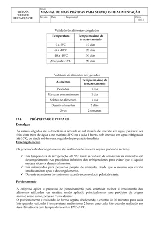 Titulo
MANUAL DE BOAS PRÁTICAS PARA SERVIÇOS DE ALIMENTAÇÃO
TICIANA
WERNER
RESTAURANTE Revisão Data Responsável Página
19/34
Validade de alimentos congelados
Temperatura Tempo máximo de
armazenamento
0 a -5ºC 10 dias
-5 a -10ºC 20 dias
-10 a -18ºC 30 dias
Abaixo de -18ºC 90 dias
Validade de alimentos refrigerados
Alimentos
Tempo máximo de
armazenamento
Pescados 1 dia
Misturas com maionese 1 dia
Sobras de alimentos 1 dia
Demais alimentos 3 dias
Ovos 2 semanas
13.4. PRÉ-PREPARO E PREPARO
Dessalgue
As carnes salgadas são submetidas à retirada do sal através de imersão em água, podendo ser
feito com troca de água a no máximo 21ºC ou a cada 4 horas, sob imersão em água refrigerada
até 10ºC, ou ainda sob fervura, seguido de preparação imediata.
Descongelamento
Os processos de descongelamento são realizados de maneira segura, podendo ser feito:
 Em temperatura de refrigeração, até 5ºC, tendo o cuidado de armazenar os alimentos sob
descongelamento nas prateleiras inferiores dos refrigeradores para evitar que o líquido
escorra sobre os demais alimentos.
 Em microondas para pequenas porções de alimento, desde que o mesmo seja cozido
imediatamente após o descongelamento.
 Durante o processo de cozimento quando recomendado pelo fabricante.
Porcionamento
A empresa aplica o processo de porcionamento para controlar melhor o rendimento dos
alimentos utilizados nas receitas, sendo aplicado principalmente para produtos de origem
animal, como carne, peixes e frutos do mar.
O porcionamento é realizado de forma segura, obedecendo o critério de 30 minutos para cada
lote quando realizado à temperatura ambiente ou 2 horas para cada lote quando realizado em
área climatizada com temperaturas entre 12ºC e 18ºC.
 