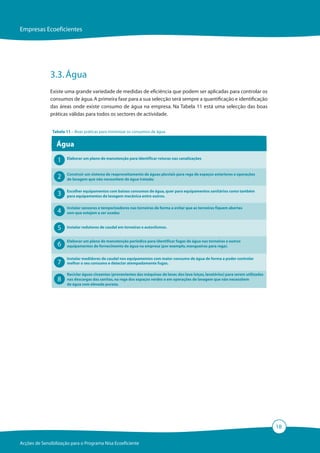Empresas Ecoeficientes




              3.3. Água
              Existe uma grande variedade de medidas de eficiência que podem ser aplicadas para controlar os
              consumos de água. A primeira fase para a sua selecção será sempre a quantificação e identificação
              das áreas onde existe consumo de água na empresa. Na Tabela 11 está uma selecção das boas
              práticas válidas para todos os sectores de actividade.


               Tabela 11 – Boas práticas para minimizar os consumos de água


                 Água

                  1   Elaborar um plano de manutenção para identificar roturas nas canalizações



                  2   Construir um sistema de reaproveitamento de águas pluviais para rega de espaços exteriores e operações
                      de lavagem que não necessitem de água tratada;


                  3   Escolher equipamentos com baixos consumos de água, quer para equipamentos sanitários como também
                      para equipamentos de lavagem mecânica entre outros.

                      Instalar sensores e temporizadores nas torneiras de forma a evitar que as torneiras fiquem abertas
                  4   sem que estejam a ser usadas


                  5   Instalar redutores de caudal em torneiras e autoclismos.


                      Elaborar um plano de manutenção periódico para identificar fugas de água nas torneiras e outros
                  6   equipamentos de fornecimento de água na empresa (por exemplo, mangueiras para rega).


                      Instalar medidores de caudal nos equipamentos com maior consumo de água de forma a poder controlar
                  7   melhor o seu consumo e detectar atempadamente fugas.

                      Reciclar águas cinzentas (provenientes das máquinas de lavar, dos lava loiças, lavatórios) para serem utilizadas
                  8   nas descargas das sanitas, na rega dos espaços verdes e em operações de lavagem que não necessitem
                      de água com elevada pureza.




                                                                                                                                         18

Acções de Sensibilização para o Programa Nisa Ecoeficiente
 