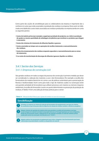 Empresas Ecoeficientes




              Como parte das acções de sensibilização para os colaboradores da empresa é importante dar a
              conhecer os custos que estão associados à produção dos resíduos na empresa. Deve assim ser elab-
              orada uma tabela dos custos totais associados aos resíduos produzidos na empresa tendo em conta
              os seguintes pontos:


               • Custos da matéria-prima (por exemplo, o papel para produção de projectos, ou o leite na produção
                 de queijo ou mesmo quantidade de embalagens de plásticos que envolvem os produtos que chegam
                 à mercearia);

               • Custos dos sistemas de tratamento de efluentes líquidos e gasosos;

               • Custos associados ao tempo com as operações de recolha; tratamento e reencaminhamento
                 dos resíduos;

               • Custos de armazenamento dos resíduos enquanto aguardam o reencaminhamento para as zonas
                 de tratamento;

               • E os custos de monitorização de descargas de efluentes (gasosos, líquidos ou sólidos).




               3.4.1.	Sector dos Serviços
               3.4.1.1. Empresas de construção civil

              São gerados resíduos em todas as etapas do processo de construção. A primeira medida que dever
              ser considerada é a selecção dos materiais a usar e dos fornecedores. Por exemplo a escolha dos
              fornecedores de madeira deverá ter em conta o uso de práticas sustentáveis para a preservação da
              floresta e biodiversidade. Assim como para todo o tipo de materiais usados na construção existe
              uma grande variedade de fornecedores que utilizam processos com maiores ou menores impactos
              ambientais. A escolha do fornecedor é assim um ponto determinante na prevenção da produção de
              resíduos. A Tabela 14 tem uma selecção de boas práticas para o sector:



               Tabela 14 – Selecção de Boas Práticas para a gestão de resíduos no sector da construção.


                 Sensibilização
                       Introduzir na empresa um sistema de selecção de fornecedores de equipamentos com base em critérios
                  1    de ecoeficiência (que inclua para além do objectivo de redução de resíduos também a eficiência energética)


                       Adoptar sistemas de aquisição de matéria-prima que permitam a escolha de fornecedores com base
                  2    na percentagem de material reciclado incorporado. Existe já em Portugal legislação que torna obrigatória,
                       desde que tecnicamente viável, a utilização de 5% de materiais reciclados no total das matérias-primas
                       usadas pelo sector da construção civil, Decreto-Lei nº 73/2011.


                       Adoptar práticas de manutenção do equipamento para evitar o desgaste e mau funcionamento que levam
                  3    à diminuição da produtividade e também ao desperdício de material.




                                                                                                                                    21


Acções de Sensibilização para o Programa Nisa Ecoeficiente
 