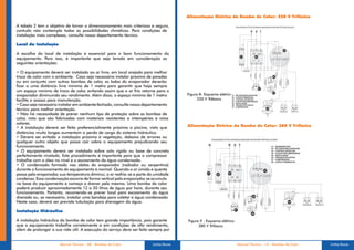 Alimentação Elétrica da Bomba de Calor: 220 V Trifásico

A tabela 2 tem o objetivo de tornar o dimensionamento mais criterioso e seguro,                                                                  ESQUEMAELÉTRICODEMÁQUINASABOVEGRONDTRIFÁSICAS220V

contudo não contempla todas as possibilidades climáticas. Para condições de                                                                                                      R                S T
instalação mais complexas, consulte nosso departamento técnico.

Local da Instalação
                                                                                                                                                          L1 15 L2
                                                                                                                                                                                 1L1            3L2                     5L3                                                               03
A escolha do local de instalação é essencial para o bom funcionamento do                                                                                                                 A1                      A2
                                                                                                                                                                                                                                                                11 12 13 14 15

                                                                                                                                                               01                              04
equipamento. Para isso, é importante que seja levado em consideração as                                                                                                                  A1                      A2
                                                                                                                                                                                                                                                               1 2 3 4 5 6 7 8 9 10


seguintes orientações:                                                                                                                                    16 18 L3
                                                                                                                                                                                 2T1            4T2                     6T3




• O equipamento deverá ser instalado ao ar livre, em local arejado para melhor                                                                                      FUSÍVEL6A




                                                                                                                                                                                                                                                                        PRETO
                                                                                                                                                                                              VERMELHO


                                                                                                                                                                                                                      BRANCO
                                                                                                                                                                                PRETO
troca de calor com o ambiente. Caso seja necessário instalar próximo de paredes                                                                                                                                                                                 05




                                                                                                                                                                                                                                     VERMELHO
ou em conjunto com outras bombas de calor os lados do evaporador deverão
                                               ,




                                                                                                                                                                                                                                                                                SENSOR1




                                                                                                                                                                                                                                                                                               SENSOR2
                                                                                                                                                                                                                                                                   BRANCO
ficar a uma distância livre mínima de 1 metro para garantir que haja sempre
                                                                                                                                                                                                                 07
um espaço mínimo de troca de calor evitando assim que o ar frio retorne para o
                                     ,                                                                                                                                                                                                                          02
evaporador diminuindo seu rendimento. Além disso, o espaço mínimo de 1 metro          Figura 8- Esquema elétrico 01 - RELÊSEQUÊNCIADEFASE
                                                                                                                 02 - CAPACITORMARCHA
facilita o acesso para manutenção.                                                          220 V Trifásico.     03 - CONTROLADORCOEL
                                                                                                                 04 - CONTATORCOMPRESSOR
                                                                                                                                     05 - VENTILADOR
• Caso seja necessário instalar em ambiente fechado, consulte nosso departamento                                                     06 - PRESSOSTATOÁGUA
                                                                                                                                     07 - COMPRESSOR
técnico para melhor orientação.                                                                                                                                                                                                                 06
                                                                                                                                                                                                                                                                                  PRES.BAIXA             PRES.AL TA

• Não há necessidade de prever nenhum tipo de proteção sobre as bombas de
calor visto que são fabricadas com materiais resistentes a intempéries e raios
      ,
solares.
• A instalação deverá ser feita preferencialmente próxima a piscina, visto que        Alimentação Elétrica da Bomba de Calor: 380 V Trifásico
distâncias muito longas aumentam a perda de carga do sistema hidráulico.
• Deverá ser evitada a instalação próxima à vegetação, debaixo de árvores ou
                                                                                                         ESQUEMAELÉTRICODEMÁQUINASABOVEGRONDTRIFÁSICAS380V
qualquer outro objeto que possa cair sobre o equipamento prejudicando seu
                                                                                                     N                        R           S T
funcionamento.                                                                                                                                                                                                                                                 01 - BORNENEUTRO
                                                                                                                                                                                                                                                               02 - RELÊSEQUÊNCIADEFASE
• O equipamento deverá ser instalado sobre solo rígido ou base de concreto                                                                                                                                                                                     03 - CONTROLADORCOEL
                                                                                                                                                                                                                                                               04 - CONTATORCOMPRESSOR
perfeitamente nivelado. Este procedimento é importante para que o compressor                                                                                                                                                                                   05 - VENTILADOR
                                                                                                                                                                                                                                                               06 - PRESSOSTATOÁGUA
trabalhe com o óleo no nível e o escoamento da água condensada.                                                                                                                                                                                                07 - COMPRESSOR
                                                                                                                                                                                                                                                               08 - CAPACITORMARCHA
• O condensado formado nas aletas do evaporador (radiador ou serpentina)                                   L1 15 L2
                                                                                                                              1L1         3L2           5L3


durante o funcionamento do equipamento é normal. Quando o ar úmido e quente                                                          A1           A2
                                                                                                                                                                                         11 12 13 14 15
                                                                                                                                                                                                                                     03
passa pelo evaporador sua temperatura diminui, o ar resfria-se e parte da umidade
                       ,                                                                            01      02                 04
                                                                                                                                                                                        1 2 3 4 5 6 7 8 9 10
                                                                                                                                     A1           A2
condensa. Essa condensação escorre de forma vertical pelo evaporador se acumula
                                                                     ,                                                        2T1         4T2           6T3
                                                                                                           16 18 L3
na base do equipamento e começa a drenar pela mesma. Uma bomba de calor
poderá produzir aproximadamente 12 a 20 litros de água por hora, durante seu                                     FUSÍVEL6A

funcionamento. Portanto, recomenda-se prever local para escoamento da água




                                                                                                                                      VERMELHO


                                                                                                                                                      BRANCO
                                                                                                                             PRETO




                                                                                                                                                                                                         PRETO
drenada ou, se necessário, instalar uma bandeja para coletar a água condensada.                                                                                                         05




                                                                                                                                                                     VERMELHO




                                                                                                                                                                                                                           SENSOR1




                                                                                                                                                                                                                                                     SENSOR2
Neste caso, deverá ser prevista tubulação para drenagem da água.                                                                                                                                                                                                                                 06




                                                                                                                                                                                                BRANCO
                                                                                                                                                                                                                                                                                                                      PRES.BAIXA   PRES.AL TA


                                                                                                                                                 07
Instalação Hidráulica                                                                                                                                                                   08


A instalação hidráulica da bomba de calor tem grande importância, pois garante        Figura 9 - Esquema elétrico
que o equipamento trabalhe corretamente e em condições de alto rendimento,                  380 V Trifásico.
além de prolongar a sua vida útil. A execução do serviço deve ser feita sempre por


                       Manual Técnico - 08 - Bombas de Calor             Linha Duna                                                               Manual Técnico - 13 - Bombas de Calor                                                                                                                                                         Linha Duna
 
