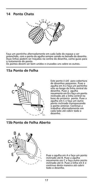 14 Ponto Chato
Faça um pontinho alternadamente em cada lado do espaço a ser
preenchido, com a ponta da agulha sempre saindo na beirada do desenho.
Duas linhas podem ser traçadas no centro do desenho, como guias para
o tratamento do ponto.
Os pontos devem ser bem unidos e cruzados uns sobre os outros.
15a Ponto de Folha
Este ponto é útil para cobertura
de desenhos pequenos. Puxe a
agulha em A e faça um pontinho
reto ao longo da linha central do
desenho. Puxe a agulha
novamente em B e faça um ponto
inclinado até a linha central na
base do primeiro ponto. Puxe a
agulha em C e faça um outro
ponto inclinado transpassando
o ponto anterior. Continue a
trabalhar alternadamente em
cada lado até cobrir todo o
desenho.
15b Ponto de Folha Aberto
Puxe a agulha em A e faça um ponto
inclinado até B. Puxe a agulha
novamente em C e faça outro ponto
inclinado até D. Puxe a linha em E e
continue desta maneira até cobrir
todo o desenho.
17
 