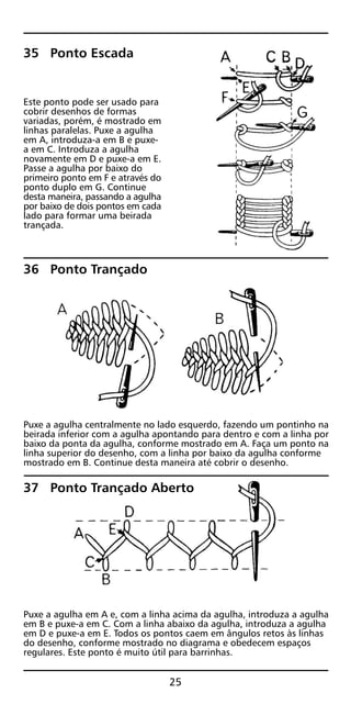 35 Ponto Escada
Este ponto pode ser usado para
cobrir desenhos de formas
variadas, porém, é mostrado em
linhas paralelas. Puxe a agulha
em A, introduza-a em B e puxe-
a em C. Introduza a agulha
novamente em D e puxe-a em E.
Passe a agulha por baixo do
primeiro ponto em F e através do
ponto duplo em G. Continue
desta maneira, passando a agulha
por baixo de dois pontos em cada
lado para formar uma beirada
trançada.
36 Ponto Trançado
Puxe a agulha centralmente no lado esquerdo, fazendo um pontinho na
beirada inferior com a agulha apontando para dentro e com a linha por
baixo da ponta da agulha, conforme mostrado em A. Faça um ponto na
linha superior do desenho, com a linha por baixo da agulha conforme
mostrado em B. Continue desta maneira até cobrir o desenho.
37 Ponto Trançado Aberto
Puxe a agulha em A e, com a linha acima da agulha, introduza a agulha
em B e puxe-a em C. Com a linha abaixo da agulha, introduza a agulha
em D e puxe-a em E. Todos os pontos caem em ângulos retos às linhas
do desenho, conforme mostrado no diagrama e obedecem espaços
regulares. Este ponto é muito útil para barrinhas.
25
 