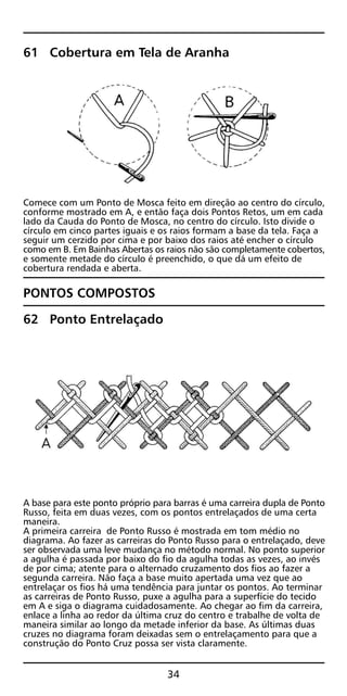 61 Cobertura em Tela de Aranha
Comece com um Ponto de Mosca feito em direção ao centro do círculo,
conforme mostrado em A, e então faça dois Pontos Retos, um em cada
lado da Cauda do Ponto de Mosca, no centro do círculo. Isto divide o
círculo em cinco partes iguais e os raios formam a base da tela. Faça a
seguir um cerzido por cima e por baixo dos raios até encher o círculo
como em B. Em Bainhas Abertas os raios não são completamente cobertos,
e somente metade do círculo é preenchido, o que dá um efeito de
cobertura rendada e aberta.
PONTOS COMPOSTOS
62 Ponto Entrelaçado
A base para este ponto próprio para barras é uma carreira dupla de Ponto
Russo, feita em duas vezes, com os pontos entrelaçados de uma certa
maneira.
A primeira carreira de Ponto Russo é mostrada em tom médio no
diagrama. Ao fazer as carreiras do Ponto Russo para o entrelaçado, deve
ser observada uma leve mudança no método normal. No ponto superior
a agulha é passada por baixo do fio da agulha todas as vezes, ao invés
de por cima; atente para o alternado cruzamento dos fios ao fazer a
segunda carreira. Não faça a base muito apertada uma vez que ao
entrelaçar os fios há uma tendência para juntar os pontos. Ao terminar
as carreiras de Ponto Russo, puxe a agulha para a superfície do tecido
em A e siga o diagrama cuidadosamente. Ao chegar ao fim da carreira,
enlace a linha ao redor da última cruz do centro e trabalhe de volta de
maneira similar ao longo da metade inferior da base. As últimas duas
cruzes no diagrama foram deixadas sem o entrelaçamento para que a
construção do Ponto Cruz possa ser vista claramente.
34
 