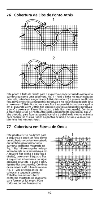 76 Cobertura de Elos de Ponto Atrás
Este ponto é feito da direita para a esquerda e pode ser usado como uma
barrinha ou como uma cobertura. Fig. 1 - Puxe a linha no lugar indicado
pela seta; introduza a agulha em A (três fios abaixo) e puxe-a em B (seis
fios acima e três fios à esquerda); introduza-a no lugar indicado pela seta
e puxe-a em C (três fios acima e seis fios à esquerda); introduza a agulha
em B, puxando-a em D (três fios abaixo e seis fios à esquerda); introduza-
a em C e puxe-a em E (seis fios abaixo e três fios a esquerda). Continue
a fazer meios elos de Ponto Atrás pelo comprimento necessário. Fig. 2 -
Vire o tecido, para fazer a segunda carreira e trabalhe da mesma maneira
para completar os elos. Todos os pontos de união de um elo ao outro
são feito nos mesmos furos.
77 Cobertura em Forma de Onda
Este ponto é feito da direita para
a esquerda e pode ser feito como
uma cobertura conforme mostrado
ou também para formar uma
barrinha conforme mostrado na
Fig. 1. Fig.1- Puxe a agulha no lugar
indicado pela seta; introduza-a em
A (quatro fios acima e dois fios à
direita), puxe-a em B (quatro fios
á esquerda); introduza-a no lugar
indicado pela seta e puxe-a em C
(quatro fios à esquerda). Continue
desta maneira até o fim da carreira.
Fig. 2 - Vire o tecido antes de
começar a segunda carreira.
Trabalhe nos mesmos furos
conforme mostrado no diagrama
para formar os losangos. Puxe
todos os pontos firmemente.
40
 
