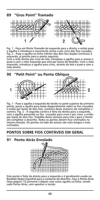 89 “Gros Point” Tramado
Fig. 1 - Faça um Ponto Tramado da esquerda para a direita, e então puxe
a agulha e introduza-a novamente acima e por cima dos fios cruzados.
Fig. 2 - Puxe a agulha na linha inferior dos dois fios duplos (verticais) à
esquerda, já pronta para o ponto seguinte.
Com a mão direita por cima da tela, introduza a agulha para o avesso e
puxe-a com a mão esquerda que está por baixo do bestidor. Com a mão
esquerda, introduza a agulha para cima, através da tela e puxe-a com a
mão direita.
90 “Petit Point” ou Ponto Oblíquo
Fig. 1 - Puxe a agulha à esquerda do tecido na parte superior do primeiro
ponto; passe a agulha para baixo diagonalmente sobre os fios cruzados,
e então por baixo de dois fios; continue desta maneira até completar a
carreira. Fig. 2 - A segunda carreira é feita da direita para a esquerda,
com a agulha passando os fios cruzados para cima e por cima, e então
por baixo de dois fios. Trabalhe desta maneira para trás e para a frente
até completar o desenho. Todos os pontos devem ficar inclinados na
mesma direção. Os pontos no lado do avesso são mais longos e mais
inclinados.
PONTOS SOBRE FIOS CONTÁVEIS EM GERAL
91 Ponto Atrás Enrolado
Este ponto é feito da direita para a esquerda e é geralmente usado no
Bordado Negro Espanhol para o contorno do desenho. Faça o Ponto Atrás
(Veja página 13) primeiro e depois com outra agulha na linha, enrole
cada Ponto Atrás, sem apanhar o tecido.
46
 