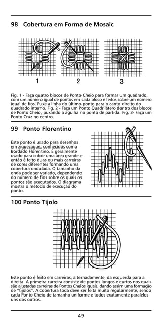 98 Cobertura em Forma de Mosaic
Fig. 1 - Faça quatro blocos de Ponto Cheio para formar um quadrado,
com um número igual de pontos em cada bloco e feitos sobre um número
igual de fios. Puxe a linha do último ponto para o canto direito do
quadrado interno. Fig. 2 - Faça um Ponto Quadrilátero dentro dos blocos
de Ponto Cheio, puxando a agulha no ponto de partida. Fig. 3- Faça um
Ponto Cruz no centro.
99 Ponto Florentino
Este ponto é usado para desenhos
em ziguezague, conhecidos como
Bordado Florentino. É geralmente
usado para cobrir uma área grande e
então é feito duas ou mais carreiras
de cores diferentes formando uma
cobertura ondulada. O tamanho da
onda pode ser variado, dependendo
do número de fios sobre os quais os
pontos são executados. O diagrama
mostra o método de execução do
ponto.
100 Ponto Tijolo
Este ponto é feito em carreiras, alternadamente, da esquerda para a
direita. A primeira carreira consiste de pontos longos e curtos nos quais
são ajustadas carreiras de Pontos Cheios iguais, dando assim uma formação
de “tijolos”. A cobertura toda deve ser feita muito regularmente, sendo
cada Ponto Cheio de tamanho uniforme e todos exatamente paralelos
uns dos outros.
49
 