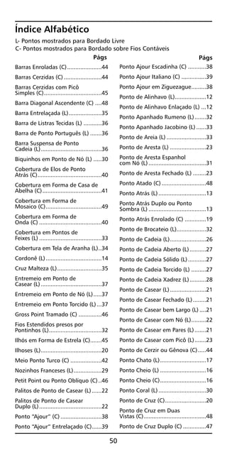 Págs Págs
Barras Enroladas (C).....................44
Barras Cerzidas (C) .......................44
Barras Cerzidas com Picô
Simples (C)...................................45
Barra Diagonal Ascendente (C) ....48
Barra Entrelaçada (L)....................35
Barra de Listras Tecidas (L) ...........36
Barra de Ponto Português (L) .......36
Barra Suspensa de Ponto
Cadeia (L).....................................36
Biquinhos em Ponto de Nó (L) .....30
Cobertura de Elos de Ponto
Atrás (C).......................................40
Cobertura em Forma de Casa de
Abelha (C)....................................41
Cobertura em Forma de
Mosaico (C)..................................49
Cobertura em Forma de
Onda (C) ......................................40
Cobertura em Pontos de
Feixes (L) ......................................33
Cobertura em Tela de Aranha (L)..34
Cordonê (L)..................................14
Cruz Malteza (L)...........................35
Entremeio em Ponto de
Casear (L).....................................37
Entremeio em Ponto de Nó (L).....37
Entremeio em Ponto Torcido (L)...37
Gross Point Tramado (C) ..............46
Fios Estendidos presos por
Pontinhos (L)................................32
Ilhós em Forma de Estrela (C).......45
Ilhoses (L).....................................20
Meio Ponto Turco (C) ...................42
Nozinhos Franceses (L).................29
Petit Point ou Ponto Oblíquo (C) ..46
Palitos de Ponto de Casear (L)......22
Palitos de Ponto de Casear
Duplo (L)......................................22
Ponto “Ajour” (C) .........................38
Ponto “Ajour” Entrelaçado (C)......39
Ponto Ajour Escadinha (C) ...........38
Ponto Ajour Italiano (C) ...............39
Ponto Ajour em Ziguezague.........38
Ponto de Alinhavo (L)...................12
Ponto de Alinhavo Enlaçado (L) ...12
Ponto Apanhado Rumeno (L).......32
Ponto Apanhado Jacobino (L) ......33
Ponto de Areia (L) ........................33
Ponto de Aresta (L) ......................23
Ponto de Aresta Espanhol
com Nó (L) ...................................31
Ponto de Aresta Fechado (L) ........23
Ponto Atado (C) ...........................48
Ponto Atrás (L).............................13
Ponto Atrás Duplo ou Ponto
Sombra (L) ...................................13
Ponto Atrás Enrolado (C) .............19
Ponto de Brocateio (L)..................32
Ponto de Cadeia (L)......................26
Ponto de Cadeia Aberto (L)..........27
Ponto de Cadeia Sólido (L)...........27
Ponto de Cadeia Torcido (L) .........27
Ponto de Cadeia Xadrez (L)..........28
Ponto de Casear (L)......................21
Ponto de Casear Fechado (L)........21
Ponto de Casear bem Largo (L) ....21
Ponto de Casear com Nó (L).........22
Ponto de Casear em Pares (L).......21
Ponto de Casear com Picô (L).......23
Ponto de Cerzir ou Gênova (C).....44
Ponto Chato (L)............................17
Ponto Cheio (L) ............................16
Ponto Cheio (C)............................16
Ponto Coral (L).............................30
Ponto de Cruz (C).........................20
Ponto de Cruz em Duas
Vistas (C)......................................48
Ponto de Cruz Duplo (C) ..............47
Índice Alfabético
L- Pontos mostrados para Bordado Livre
C- Pontos mostrados para Bordado sobre Fios Contáveis
50
 