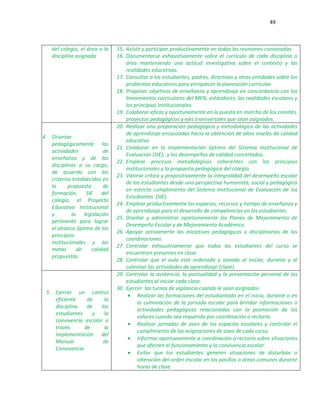 49
del colegio, el área o la
disciplina asignada
15. Asistir y participar productivamente en todas las reuniones convocadas.
16. Documentarse exhaustivamente sobre el currículo de cada disciplina o
área manteniendo una actitud investigativa sobre el contexto y las
realidades educativas.
17. Consultar a los estudiantes, padres, directivas y otras entidades sobre los
problemas educativos para enriquecer la planeación curricular.
18. Proponer objetivos de enseñanza y aprendizaje en concordancia con los
lineamientos curriculares del MEN, estándares, las realidades escolares y
los principios institucionales.
19. Colaborar eficaz y oportunamente en la puesta en marcha de los comités,
proyectos pedagógicos y ejes transversales que sean asignados.
4. Orientar
pedagógicamente las
actividades de
enseñanza y de las
disciplinas a su cargo,
de acuerdo con los
criterios establecidos en
la propuesta de
formación, SIE del
colegio, el Proyecto
Educativo Institucional
y la legislación
pertinente para lograr
el alcance óptimo de los
principios
institucionales y las
metas de calidad
propuestas.
20. Realizar una preparación pedagógica y metodológica de las actividades
de aprendizaje encauzadas hacia la obtención de altos niveles de calidad
educativa.
21. Colaborar en la implementación óptima del Sistema Institucional de
Evaluación (SIE), y los desempeños de calidad concertados.
22. Emplear procesos metodológicos coherentes con los principios
institucionales y la propuesta pedagógica del colegio.
23. Valorar crítica y propositivamente la integralidad del desempeño escolar
de los estudiantes desde una perspectiva humanista, social y pedagógica
en estricto cumplimiento del Sistema Institucional de Evaluación de los
Estudiantes (SIE).
24. Emplear productivamente los espacios, recursos y tiempo de enseñanza y
de aprendizaje para el desarrollo de competencias en los estudiantes.
25. Diseñar y administrar oportunamente los Planes de Mejoramiento de
Desempeño Escolar y de Mejoramiento Académico.
26. Apoyar activamente las iniciativas pedagógicas y disciplinarias de las
coordinaciones.
27. Controlar exhaustivamente que todos los estudiantes del curso se
encuentren presentes en clase.
28. Controlar que el aula esté ordenada y aseada al iniciar, durante y al
culminar las actividades de aprendizaje (clase).
5. Ejercer un control
eficiente de la
disciplina de los
estudiantes y la
convivencia escolar a
través de la
implementación del
Manual de
Convivencia.
29. Controlar la asistencia, la puntualidad y la presentación personal de los
estudiantes al iniciar cada clase.
30. Ejercer los turnos de vigilancia cuando le sean asignados:
 Realizar las formaciones del estudiantado en el inicio, durante o en
la culminación de la jornada escolar para brindar informaciones o
actividades pedagógicas relacionadas con la promoción de los
valores cuando sea requerido por coordinación o rectoría.
 Realizar jornadas de aseo de los espacios escolares y controlar el
cumplimiento de las asignaciones de aseo de cada curso.
 Informar oportunamente a coordinación o rectoría sobre situaciones
que afecten el funcionamiento y la convivencia escolar.
 Evitar que los estudiantes generen situaciones de disturbios o
alteración del orden escolar en los pasillos o áreas comunes durante
horas de clase.
 