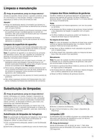 15
Limpeza e manutenção
ã=Perigo de queimaduras, perigo de choque eléctrico!
através do aparelho. Deixar sempre o aparelho arrefecer, antes
de uma limpeza ou manutenção. Desligar o dispositivo de
segurança ou retirar a ficha da tomada de rede.
Atenção!
■ Perigo de danificação devido a humidade que penetra no
sistema electrónico. Nunca limpar os elementos de comando
com um pano húmido.
■ Danos na superfície devido a uma limpeza incorrecta. Limpar
as superfícies de aço inoxidável apenas no sentido do
polimento. Não usar produto de limpeza para aço inoxidável
nos elementos de comando.
■ Danos na superfície devido a produtos de limpeza
agressivos ou abrasivos. Nunca usar produtos de limpeza
agressivos ou abrasivos.
Limpeza da superfície do aparelho
Os produtos de limpeza e manutenção adequados para o seu
aparelho podem ser adquiridos através da Hotline ou da loja
Online (ver o início das Instruções de serviço).
Nota: A superfície do aparelho e os elementos de comando
são sensíveis a riscos. Por isso, respeitar as condições da
garantia na brochura sobre Assistência em anexo e as
seguintes instruções sobre limpeza:
■ Limpara as superfícies com um pano macio e húmido, um
detergente suave para lavagem manual de loiça ou um
produto suave para limpeza de vidros. Com um pano húmido
amaciar as sujidades secas. Não esfregar!
■ Panos secos, esfregões ásperos, produtos abrasivos, bem
como produtos de limpeza com teor de areia, soda,ácido ou
de cloretos ou quaisquer outros produtos de limpeza
agressivos, são inadequados.
■ Limpar as superfícies de inox apenas no mesmo sentido do
polimento.
■ Não utilizar quaisquer produtos de limpeza para inox, nem
panos molhados na limpeza dos elementos de comandos.
Limpeza dos filtros metálicos de gorduras
Os filtros metálicos de gorduras absorvem as partículas de
gordura dos vapores da cozinha. Os filtros metálicos de
gorduras devem, numa utilização normal (1 a 2 horas diárias)
ser limpos trimestralmente.
Notas
■ Evitar produtos de limpeza agressivos, com teor de acidez
ou de lixívia.
■ Na limpeza dos filtros metálicos de gorduras, limpar também
o seu dispositivo de fixação no aparelho com um pano
húmido.
■ Os filtros metálicos de gorduras podem ser lavados na
máquina de lavar loiça ou manualmente.
Na máquina de lavar loiça:
Nota: Em caso de lavagem na máquina de lavar loiça, podem
verificar-se ligeiras descolorações que, no entanto, não têm
qualquer influência na função dos filtros.
■ Não lavar os filtros metálicos muito saturados de gordura
com a restante loiça.
■ Os filtros devem ser colocados soltos na máquina de lavar
loiça. Eles não podem ficar apertados.
Manualmente:
Nota: No caso de sujidade de difícil remoção, recomendamos
a utilização de um solvente especial de gorduras. Este pode
ser encomendado na loja Online.
■ Amolecer a gordura dos filtros metálicos, pondo-os de molho
em água quente e detergente.
■ Na limpeza deve ser utilizada uma escova e depois enxaguar
bem os filtros, passando-os por várias águas.
■ Deixar os filtros metálicos de gorduras escorrer.
Substituição de lâmpadas
ã=Perigo de queimaduras, perigo de choque eléctrico!
devido a lâmpadas com defeito. Desligar o dispositivo de
segurança ou retirar a ficha da tomada de rede. Lâmpadas
com defeito devem ser sempre substituídas imediatamente
(deixar, primeiro, as lâmpadas arrefecer), para evitar uma
sobrecarga das restantes lâmpadas.
Importante! Utilizar apenas lâmpadas do mesmo tipo e da
mesma potência (ver o casquilho da lâmpada ou a placa de
características no interior do aparelho - para isso, desmontar o
filtro metálico de gorduras).
Substituição de lâmpadas de halogéneo
Nota: Na substituição de lâmpadas de halogéneo, não se deve
tocar no êmbolo de vidro. Para inserir as lâmpadas de
halogéneo, utilizar um pano limpo e seco.
1. Com uma ferramenta adequada, afastar o anel da lâmpada
com cuidado.
2. Desmontar a lâmpada e substituí-la por outra do mesmo tipo.
3. Montar a cobertura da lâmpada.
4. Ligar a ficha à tomada ou voltar a ligar o dispositivo de
segurança.
Lâmpadas LED
As lâmpadas LED com defeito só podem ser substituídas pelo
fabricante, pelo Serviço de Assistência ou por um técnico
especializado (electricista instalador).
ã=Perigo de ferimentos!
devido às lâmpadas LED do grupo de risco 1. Não olhar
directamente para as lâmpadas LED acesas, durante mais de
100 segundos.
 
