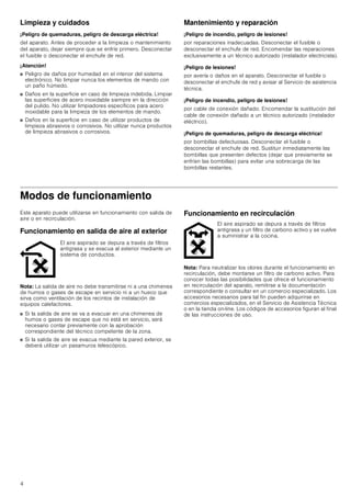 4
Limpieza y cuidados
¡Peligro de quemaduras, peligro de descarga eléctrica!
del aparato. Antes de proceder a la limpieza o mantenimiento
del aparato, dejar siempre que se enfríe primero. Desconectar
el fusible o desconectar el enchufe de red.
¡Atención!
■ Peligro de daños por humedad en el interior del sistema
electrónico. No limpiar nunca los elementos de mando con
un paño húmedo.
■ Daños en la superficie en caso de limpieza indebida. Limpiar
las superficies de acero inoxidable siempre en la dirección
del pulido. No utilizar limpiadores específicos para acero
inoxidable para la limpieza de los elementos de mando.
■ Daños en la superficie en caso de utilizar productos de
limpieza abrasivos o corrosivos. No utilizar nunca productos
de limpieza abrasivos o corrosivos.
Mantenimiento y reparación
¡Peligro de incendio, peligro de lesiones!
por reparaciones inadecuadas. Desconectar el fusible o
desconectar el enchufe de red. Encomendar las reparaciones
exclusivamente a un técnico autorizado (instalador electricista).
¡Peligro de lesiones!
por avería o daños en el aparato. Desconectar el fusible o
desconectar el enchufe de red y avisar al Servicio de asistencia
técnica.
¡Peligro de incendio, peligro de lesiones!
por cable de conexión dañado. Encomendar la sustitución del
cable de conexión dañado a un técnico autorizado (instalador
eléctrico).
¡Peligro de quemaduras, peligro de descarga eléctrica!
por bombillas defectuosas. Desconectar el fusible o
desconectar el enchufe de red. Sustituir inmediatamente las
bombillas que presenten defectos (dejar que previamente se
enfríen las bombillas) para evitar una sobrecarga de las
bombillas restantes.
Modos de funcionamiento
Este aparato puede utilizarse en funcionamiento con salida de
aire o en recirculación.
Funcionamiento en salida de aire al exterior
Nota: La salida de aire no debe transmitirse ni a una chimenea
de humos o gases de escape en servicio ni a un hueco que
sirva como ventilación de los recintos de instalación de
equipos calefactores.
■ Si la salida de aire se va a evacuar en una chimenea de
humos o gases de escape que no está en servicio, será
necesario contar previamente con la aprobación
correspondiente del técnico competente de la zona.
■ Si la salida de aire se evacua mediante la pared exterior, se
deberá utilizar un pasamuros telescópico.
Funcionamiento en recirculación
Nota: Para neutralizar los olores durante el funcionamiento en
recirculación, debe montarse un filtro de carbono activo. Para
conocer todas las posibilidades que ofrece el funcionamiento
en recirculación del aparato, remitirse a la documentación
correspondiente o consultar en un comercio especializado. Los
accesorios necesarios para tal fin pueden adquirirse en
comercios especializados, en el Servicio de Asistencia Técnica
o en la tienda on-line. Los códigos de accesorios figuran al final
de las instrucciones de uso.
El aire aspirado se depura a través de filtros
antigrasa y se evacua al exterior mediante un
sistema de conductos.
El aire aspirado se depura a través de filtros
antigrasa y un filtro de carbono activo y se vuelve
a suministrar a la cocina.
 