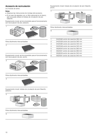 10
Accesorio de recirculación
(no incluido de serie)
Notas
■ Observar las instrucciones de montaje del accesorio.
■ En el caso de aparatos con un filtro adicional en el interior,
solo se puede utilizar el módulo de circulación de aire
CleanAir.
Equipamiento inicial: set de encendido para el funcionamiento
con recirculación de aire, estrecho
Filtros fácilmente intercambiables
Equipamiento inicial: set de encendido para el funcionamiento
con recirculación de aire, ancho
Filtros fácilmente intercambiables
Equipamiento inicial: módulo de circulación de aire CleanAir,
estrecho
Filtros fácilmente intercambiables
Equipamiento inicial: módulo de circulación de aire CleanAir,
ancho
Filtros fácilmente intercambiables
1
2
3
4
5
6
7
8
1 DHZ5365 ancho de canal de 260 mm
2 DHZ5326 ancho de canal de 260 mm
3 DHZ5385 ancho de canal de 345 mm
4 DHZ5346 ancho de canal de 345 mm
5 DSZ6220 ancho de canal de 260 mm
6 DSZ5201 ancho de canal de 260 mm
7 DSZ6230 ancho de canal de 345 mm
8 DSZ5201 ancho de canal de 345 mm
 