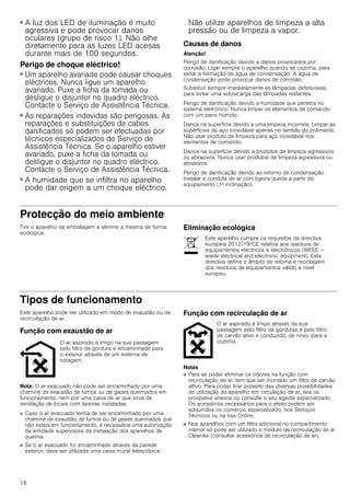 18
■ A luz dos LED de iluminação é muito
agressiva e pode provocar danos
oculares (grupo de risco 1). Não olhe
diretamente para as luzes LED acesas
durante mais de 100 segundos.
Perigo de choque eléctrico!
■ Um aparelho avariado pode causar choques
eléctricos. Nunca ligue um aparelho
avariado. Puxe a ficha da tomada ou
desligue o disjuntor no quadro eléctrico.
Contacte o Serviço de Assistência Técnica.
Perigo de choque eléctrico!
■ As reparações indevidas são perigosas. As
reparações e substituições de cabos
danificados só podem ser efectuadas por
técnicos especializados do Serviço de
Assistência Técnica. Se o aparelho estiver
avariado, puxe a ficha da tomada ou
desligue o disjuntor no quadro eléctrico.
Contacte o Serviço de Assistência Técnica.
Perigo de choque eléctrico!
■ A humidade que se infiltra no aparelho
pode dar origem a um choque eléctrico.
Não utilize aparelhos de limpeza a alta
pressão ou de limpeza a vapor.
Causas de danos
Atenção!
Perigo de danificação devido a danos provocados por
corrosão. Ligar sempre o aparelho quando se cozinha, para
evitar a formação de água de condensação. A água de
condensação pode provocar danos de corrosão.
Substituir sempre imediatamente as lâmpadas defeituosas,
para evitar uma sobrecarga das lâmpadas restantes.
Perigo de danificação devido a humidade que penetra no
sistema eletrónico. Nunca limpar os elementos de comando
com um pano húmido.
Danos na superfície devido a uma limpeza incorreta. Limpar as
superfícies de aço inoxidável apenas no sentido do polimento.
Não usar produto de limpeza para aço inoxidável nos
elementos de comando.
Danos na superfície devido a produtos de limpeza agressivos
ou abrasivos. Nunca usar produtos de limpeza agressivos ou
abrasivos.
Perigo de danificação devido ao retorno de condensação.
Instalar a conduta de ar com ligeira queda a partir do
equipamento (1ª inclinação).
Protecção do meio ambiente
Tire o aparelho da embalagem e elimine a mesma de forma
ecológica.
Eliminação ecológica
Tipos de funcionamento
Este aparelho pode ser utilizado em modo de exaustão ou de
recirculação de ar.
Função com exaustão de ar
Nota: O ar evacuado não pode ser encaminhado por uma
chaminé de exaustão de fumos ou de gases queimados em
funcionamento, nem por uma caixa de ar que sirva de
ventilação de locais com lareiras instaladas.
■ Caso o ar evacuado tenha de ser encaminhado por uma
chaminé de exaustão de fumos ou de gases queimados que
não esteja em funcionamento, é necessária uma autorização
da entidade supervisora da instalação dos aparelhos de
queima.
■ Se o ar evacuado for encaminhado através da parede
exterior, deve ser utilizada uma caixa mural telescópica.
Função com recirculação de ar
Notas
■ Para se poder eliminar os odores na função com
recirculação de ar, tem que ser montado um filtro de carvão
altivo. Para poder tirar proveito das diversas possibilidades
de utilização do aparelho em circulação de ar, leia os
prospetos anexos ou consulte o seu agente especializado.
Os acessórios necessários para o efeito podem ser
adquiridos no comércio especializado, nos Serviços
Técnicos ou na loja Online.
■ Nos aparelhos com um filtro adicional no compartimento
interior só pode ser utilizado o módulo de recirculação de ar
CleanAir (consultar acessórios de recirculação de ar).
Este aparelho cumpre os requisitos da directiva
europeia 2012/19/CE relativa aos resíduos de
equipamentos eléctricos e electrónicos (WEEE –
waste electrical and electronic equipment). Esta
directiva define o âmbito de retoma e reciclagem
dos resíduos de equipamentos válido a nível
europeu.
O ar aspirado é limpo na sua passagem
pelo filtro de gordura e encaminhado para
o exterior através de um sistema de
tubagem.
O ar aspirado é limpo através da sua
passagem pelo filtro de gorduras e pelo filtro
de carvão ativo e conduzido, de novo, para a
cozinha.
 