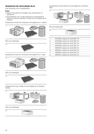24
Acessórios de recirculação de ar
(não fornecidos com o equipamento)
Notas
■ Siga as instruções de montagem que acompanham os
acessórios.
■ Nos aparelhos com um filtro adicional no compartimento
interior só pode ser utilizado o módulo de recirculação de ar
CleanAir.
Equipamento inicial: set inicial para recirculação de ar - estreito
Filtro de substituição
Equipamento inicial: set inicial para recirculação de ar - largo
Filtro de substituição
Equipamento inicial: módulo de recirculação de ar CleanAir -
estreito
Filtro de substituição
Equipamento inicial: módulo de recirculação de ar CleanAir -
largo
Filtro de substituição
1
2
3
4
5
6
7
8
1 DHZ5365 Largura do canal 260 mm
2 DHZ5326 Largura do canal 260 mm
3 DHZ5385 Largura do canal 345 mm
4 DHZ5346 Largura do canal 345 mm
5 DSZ6220 Largura do canal 260 mm
6 DSZ5201 Largura do canal 260 mm
7 DSZ6230 Largura do canal 345 mm
8 DSZ5201 Largura do canal 345 mm
 