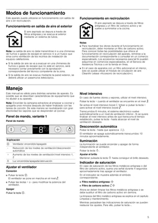 5
Modos de funcionamiento
Este aparato puede utilizarse en funcionamiento con salida de
aire o en recirculación.
Funcionamiento en salida de aire al exterior
Nota: La salida de aire no debe transmitirse ni a una chimenea
de humos o gases de escape en servicio ni a un hueco que
sirva como ventilación de los recintos de instalación de
equipos calefactores.
■ Si la salida de aire se va a evacuar en una chimenea de
humos o gases de escape que no está en servicio, será
necesario contar previamente con la aprobación
correspondiente del técnico competente de la zona.
■ Si la salida de aire se evacua mediante la pared exterior, se
deberá utilizar un pasamuros telescópico.
Funcionamiento en recirculación
Notas
■ Para neutralizar los olores durante el funcionamiento en
recirculación, debe montarse un filtro de carbono activo.
Para conocer todas las posibilidades que ofrece el
funcionamiento en recirculación del aparato, remitirse a la
documentación correspondiente o consultar en un comercio
especializado. Los accesorios necesarios para tal fin pueden
adquirirse en comercios especializados, en el Servicio de
Asistencia Técnica o en la tienda en línea.
■ En el caso de aparatos con un filtro adicional en el interior,
solo se puede utilizar el módulo de circulación de aire
CleanAir (véase «Accesorio de recirculación»).
Manejo
Este manual es válido para distintas variantes de aparato. Es
posible que se describan características de equipamiento que
no aludan a su aparato.
Nota: Encender la campana extractora al empezar a cocinar y
apagarla unos minutos después de haber finalizado con las
tareas de cocción. De esta manera se neutralizarán con gran
efectividad los vapores que se desprenden al cocinar.
Panel de mando, variante 1
Panel de mando
Ajustar el ventilador
Conexión
■ Pulsar la tecla %.
El ventilador se pone en marcha en el nivel ƒ.
■ Pulsar las teclas + o - para modificar la potencia del
ventilador.
Apagar
Pulsar la tecla %.
Nivel intensivo
En caso de fuertes olores y vapores, utilizar el nivel intensivo.
Pulsar la tecla + cuando el ventilador se encuentre en el nivel „.
Se activa el nivel intensivo boost‚. Volver a pulsar la tecla +
para activar el nivel intensivo boost ƒ.
Transcurridos 6 minutos, el sistema electrónico vuelve
automáticamente a un nivel de ventilación inferior . Si se quiere
finalizar el nivel intensivo antes de que transcurra el tiempo
establecido, pulsar la tecla - hasta alcanzar el nivel de
ventilación deseado.
Desconexión automática
Pulsar la tecla - hasta que aparezca ‚r.
El ventilador se apaga automáticamente transcurridos 10
minutos aproximadamente.
Iluminación
La iluminación se puede encender y apagar de forma
independiente al ventilador.
Pulsar la tecla B.
Ajustar el brillo
Mantener pulsada la tecla B hasta conseguir el brillo deseado.
Indicador de saturación
En caso de saturación de los filtros metálicos antigrasa o del
filtro de carbono activo, suena una señal durante 4 segundos
aproximadamente tras apagar el ventilador.
En el indicador se muestra además el símbolo
correspondiente:
■ Filtro metálico antigrasa: #
■ Filtro de carbono activo: ’#
Ahora se deben limpiar los filtros metálicos antigrasa o se
debe sustituir el filtro de carbono activo sin demora.
La limpieza del filtro metálico antigrasa se explica en el capítulo
Limpieza y mantenimiento.
Mientras parpadean las indicaciones de saturación se pueden
restaurar los ajustes. Para ello, pulsar la tecla -.
El aire aspirado se depura a través de
filtros antigrasa y se evacua al exterior
mediante un sistema de tubos.
El aire aspirado se depura a través de filtros
antigrasa y un filtro de carbono activo y se
vuelve a suministrar a la cocina.
Explicación
% Ventilador encendido/apagado
- Reducción de los niveles de ventilación/desconexión
automática
+ Aumento de los niveles de ventilación/nivel intensivo 1,
2
B Luz encendida/apagada/atenuación
ERRVW
 
