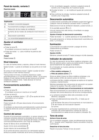 7
Panel de mando, variante 3
Panel de mando
Ajustar el ventilador
Conexión
■ Pulsar la tecla %.
El ventilador se pone en marcha en el nivel ƒ.
■ Pulsar las teclas + o - para modificar la potencia del
ventilador.
Apagar
Pulsar la tecla %.
Nivel intensivo
En caso de fuertes olores y vapores, utilizar el nivel intensivo.
Pulsar la tecla + cuando el ventilador se encuentre en el nivel
„.
Se activa el nivel intensivo boost‚. Volver a pulsar la tecla +
para activar el nivel intensivo boost ƒ.
Transcurridos 6 minutos, el sistema electrónico vuelve
automáticamente a un nivel de ventilación inferior . Si se quiere
finalizar el nivel intensivo antes de que transcurra el tiempo
establecido, pulsar la tecla - hasta alcanzar el nivel de
ventilación deseado.
Funcionamiento automático
Conexión
■ Pulsar la tecla %.
El ventilador se pone en marcha en el nivel ƒ.
■ Pulsar la tecla 1 .
El nivel de ventilador óptimo ‚, ƒ o „ se ajusta de forma
automática con un sensor.
Desconexión
Pulsar la tecla 1 o % para desconectar el funcionamiento
automático.
El ventilador se desconecta automáticamente cuando el sensor
no detecta olores de cocción o asado durante unos 10
minutos.
Control del sensor
Durante el funcionamiento automático, un sensor situado en la
campana extractora detecta la intensidad de los olores de
cocción y asado. En función del ajuste del sensor, el ventilador
conmuta automáticamente a otro nivel de ventilación.
Ajuste de fábrica de la sensibilidad: †
Ajuste mínimo de la sensibilidad: ‹
Ajuste máximo de la sensibilidad: Š
Si el control del sensor reacciona con demasiada rapidez o
lentitud es posible modificarlo de la forma correspondiente:
1. Con el ventilador apagado, mantener pulsada la tecla 1
durante unos 4 segundos. Se muestra el ajuste.
2. Al pulsar la tecla + o - se modifica el ajuste del control del
sensor.
3. Para confirmar la entrada, mantener pulsada la tecla 1
durante unos 4 segundos.
Desconexión automática
La desconexión automática del ventilador puede tener lugar en
cualquier nivel de ventilación (excepto boost‚ y boost ƒ).
Seleccionar el nivel de ventilación deseado y pulsar la tecla r.
En la pantalla aparece Šminr.
Una vez transcurrido este tiempo, el ventilador se apaga
automáticamente.
Ajustar el tiempo de desconexión automática
Pulsar las teclas + o - cuando aparezca en la pantalla Šminr .
Se puede programar un tiempo de desconexión automática de
entre 1 y 9 minutos.
Iluminación
La iluminación se puede encender y apagar de forma
independiente al ventilador.
Pulsar la tecla B.
Ajustar el brillo
Mantener pulsada la tecla B hasta conseguir el brillo deseado.
Indicador de saturación
En caso de saturación de los filtros metálicos antigrasa o del
filtro de carbono activo, suena una señal durante 4 segundos
aproximadamente tras apagar el ventilador.
En el indicador se muestra además el símbolo
correspondiente:
■ Filtro metálico antigrasa: #
■ Filtro de carbono activo: ’#
Ahora se deben limpiar los filtros metálicos antigrasa o se
debe sustituir el filtro de carbono activo sin demora.
La limpieza del filtro metálico antigrasa se explica en el capítulo
Limpieza y mantenimiento.
Mientras parpadean las indicaciones de saturación se pueden
restaurar los ajustes. Para ello, pulsar la tecla -.
Cambiar el indicador para el funcionamiento en recirculación
Para el funcionamiento en recirculación se ha de cambiar el
indicador del control electrónico de la forma correspondiente:
■ La campana extractora debe esta conectada a la red
eléctrica y apagada.
■ Pulsar simultáneamente las teclas % y r hasta que el
indicador
™# del Starter Set para el funcionamiento en recirculación o
’# del módulo de recirculación CleanAir
se ilumine.
■ Al pulsar repetidamente la combinación de teclas, el
indicador del control electrónico cambia de nuevo al
funcionamiento en salida de aire al exterior (indicador #).
Tono de aviso
Activar el tono de aviso
Con el ventilador apagado, pulsar simultáneamente las teclas
% y + durante unos 3 segundos. Suena una señal a modo de
confirmación.
Desactivar el tono de aviso
Repetir el proceso "Activar el tono de aviso".
Explicación
% Ventilador encendido/apagado
1 Funcionamiento ecológico (automático)
- Reducción de los niveles de ventilación
+ Aumento de los niveles de ventilación/nivel intensivo 1,
2
r Desconexión automática
B Luz encendida/apagada/atenuación
HFR
ERRVW
HFR
 