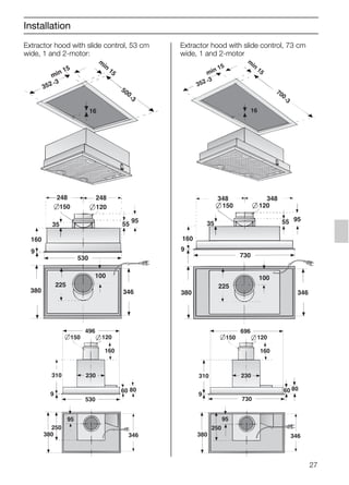 Extractor hood with slide control, 53 cm
wide, 1 and 2-motor:
9
346380
530
160
55
95
150 120
248 248
100
35
225
min 15
m
in
15
500
-3
16
352 -3
Extractor hood with slide control, 73 cm
wide, 1 and 2-motor
9
346
160
55 95
150 120
348 348
100
35
225
380
730
min 15
m
in
15
16
352 -3
700
-3
Installation
310
160
150 120
95
8060
496
9
230
250
380
530
346
310
160
150 120
95
8060
696
9
230
250
380
730
346
27
5750.197 457+458.Bo/Si.qxd 24.01.2005 10:08 Uhr Seite 27
 