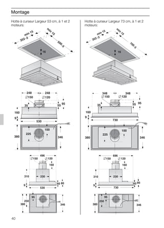 40
Hotte à curseur Largeur 53 cm, à 1 et 2
moteurs:
9
346380
530
160
55
95
150 120
248 248
100
35
225
min 15
m
in
15
500
-3
16
352 -3
Hotte à curseur Largeur 73 cm, à 1 et 2
moteurs:
9
346
160
55 95
150 120
348 348
100
35
225
380
730
min 15
m
in
15
16
352 -3
700
-3
Montage
310
160
150 120
95
8060
496
9
230
250
380
530
346
310
160
150 120
95
8060
696
9
230
250
380
730
346
5750.197 457+458.Bo/Si.qxd 24.01.2005 10:08 Uhr Seite 40
 