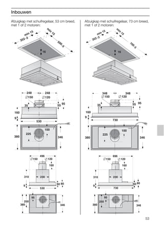 53
Afzuigkap met schuifregelaar, 53 cm breed,
met 1 of 2 motoren:
310
160
150 120
95
8060
496
9
230
250
380
530
346
9
346380
530
160
55
95
150 120
248 248
100
35
225
min 15
m
in
15
500
-3
16
352 -3
Afzuigkap met schuifregelaar, 73 cm breed,
met 1 of 2 motoren:
310
160
150 120
95
8060
696
9
230
250
380
730
346
9
346
160
55 95
150 120
348 348
100
35
225
380
730
min 15
m
in
15
16
352 -3
700
-3
Inbouwen
5750.197 457+458.Bo/Si.qxd 24.01.2005 10:08 Uhr Seite 53
 