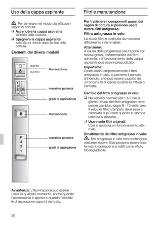 56
Per trattenere i componenti grassi dei
vapori di cottura si possono usare
diversi filtri antigrasso.
Filtro antigrasso in velo
La stuoia filtro è costituita da materiale
difficilmente infiammabile.
Attenzione:
A causa della progressiva saturazione con
residui grassi, l'infiammabilità del filtro
aumenta, e il funzionamento della cappa
aspirante può essere pregiudicato.
Importante:
Sostituendo tempestivamente il filtro
antigrasso in velo, si previene il pericolo
d'incendio, che può essere causato da
un'accumulo di calore durante la frittura o
l'arrosto.
Cambio del filtro antigrasso in velo:
❑ Nel servizio normale (da 1 a 2 ore al
giorno), il velo del filtro antigrasso deve
essere cambiato dopo 8 – 10 settimane.
Il velo per filtro stampato deve essere
cambiato al più tardi quando la stampa
colorata si dissolve.
❑ Usare solo filtri originali.
Così si assicura un funzionamento otti-
male.
Smaltimento del filtro antigrasso in velo:
ṇI filtri antigrasso in velo non contengono
sostanze nocive. Essi possono essere tras-
formati in compost e smaltiti come rifiuto
biodegradabile.
ṇ Per eliminare nel modo più efficace i
vapori di cottura:
❑ Accendere la cappa aspirante
all'inizio della cottura.
❑ Spegnere la cappa aspirante
solo alcuni minuti dopo la fine della
cottura.
Elementi dei diversi modelli
Avvertenza: L'illuminazione può essere
usata in qualsiasi momento, anche quando
l'apparecchio è spento o quando l'estraibi-
le di aspirazione vapori è rientrato.
3
P
1
2
1
P
0
2
Uso della cappa aspirante Filtri e manutenzione
illuminazione
massima potenza
gradi di aspirazione
spento
acceso
illuminazione
massima potenza
gradi di aspirazione
5750.197 457+458.Bo/Si.qxd 24.01.2005 10:08 Uhr Seite 56
 