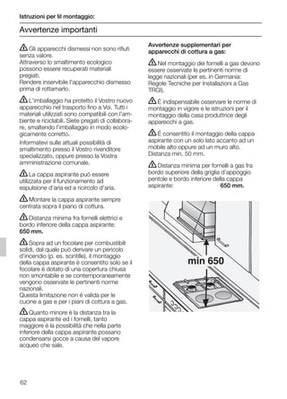 62
ṇGli apparecchi dismessi non sono rifiuti
senza valore.
Attraverso lo smaltimento ecologico
possono essere recuperati materiali
pregiati.
Rendere inservibile l'apparecchio dismesso
prima di rottamarlo.
ṇL'imballaggio ha protetto il Vostro nuovo
apparecchio nel trasporto fino a Voi. Tutti i
materiali utilizzati sono compatibili con l'am-
biente e riciclabili. Siete pregati di collabora-
re, smaltendo l'imballaggio in modo ecolo-
gicamente corretto.
Informatevi sulle attuali possibilità di
smaltimento presso il Vostro rivenditore
specializzato, oppure presso la Vostra
amministrazione comunale.
ṇLa cappa aspirante può essere
utilizzata per il funzionamento ad
espulsione d'aria ed a ricircolo d'aria.
ṇMontare la cappa aspirante sempre
centrata sopra il piano di cottura.
ṇDistanza minima fra fornelli elettrici e
bordo inferiore della cappa aspirante:
650 mm.
ṇSopra ad un focolare per combustibili
solidi, dal quale può derivare un pericolo
d'incendio (p. es. scintille), il montaggio
della cappa aspirante è consentito solo se il
focolare è dotato di una copertura chiusa
non smontabile e se contemporaneamente
vengono osservate le pertinenti norme
nazionali.
Questa limitazione non è valida per le
cucine a gas e per i piani di cottura a gas.
ṇQuanto minore è la distanza tra la
cappa aspirante ed i fornelli, tanto
maggiore è la possibilità che nella parte
inferiore della cappa aspirante possano
condensarsi gocce a causa del vapore
acqueo che sale.
Avvertenze supplementari per
apparecchi di cottura a gas:
ṇNel montaggio dei fornelli a gas devono
essere osservate le pertinenti norme di
legge nazionali (per es. in Germania:
Regole Tecniche per Installazioni a Gas
TRGI).
ṇÉ indispensabile osservare le norme di
montaggio in vigore e le istruzioni per il
montaggio della casa produttrice degli
apparecchi a gas.
ṇÉ consentito il montaggio della cappa
aspirante con un solo lato accanto ad un
mobile alto oppure ad un muro alto.
Distanza min. 50 mm.
ṇDistanza minima per fornelli a gas fra
bordo superiore della griglia d’appoggio
pentole e bordo inferiore della cappa
aspirante: 650 mm.
min 650
Istruzioni per lil montaggio:
Avvertenze importanti
5750.197 457+458.Bo/Si.qxd 24.01.2005 10:08 Uhr Seite 62
 