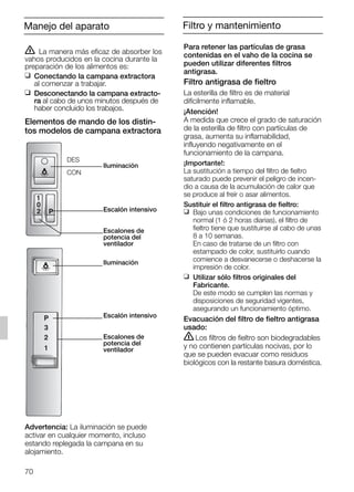 Filtro y mantenimiento
70
Manejo del aparato
Para retener las partículas de grasa
contenidas en el vaho de la cocina se
pueden utilizar diferentes filtros
antigrasa.
Filtro antigrasa de fieltro
La esterilla de filtro es de material
difícilmente inflamable.
¡Atención!
A medida que crece el grado de saturación
de la esterilla de filtro con partículas de
grasa, aumenta su inflamabilidad,
influyendo negativamente en el
funcionamiento de la campana.
¡Importante!:
La sustitución a tiempo del filtro de fieltro
saturado puede prevenir el peligro de incen-
dio a causa de la acumulación de calor que
se produce al freír o asar alimentos.
Sustituir el filtro antigrasa de fieltro:
❑ Bajo unas condiciones de funcionamiento
normal (1 ó 2 horas diarias), el filtro de
fieltro tiene que sustituirse al cabo de unas
8 a 10 semanas.
En caso de tratarse de un filtro con
estampado de color, sustituirlo cuando
comience a desvanecerse o deshacerse la
impresión de color.
❑ Utilizar sólo filtros originales del
Fabricante.
De este modo se cumplen las normas y
disposiciones de seguridad vigentes,
asegurando un funcionamiento óptimo.
Evacuación del filtro de fieltro antigrasa
usado:
ṇLos filtros de fieltro son biodegradables
y no contienen partículas nocivas, por lo
que se pueden evacuar como residuos
biológicos con la restante basura doméstica.
ṇ La manera más eficaz de absorber los
vahos producidos en la cocina durante la
preparación de los alimentos es:
❑ Conectando la campana extractora
al comenzar a trabajar.
❑ Desconectando la campana extracto-
ra al cabo de unos minutos después de
haber concluido los trabajos.
Elementos de mando de los distin-
tos modelos de campana extractora
Advertencia: La iluminación se puede
activar en cualquier momento, incluso
estando replegada la campana en su
alojamiento.
1
P
0
2
3
P
1
2
Iluminación
Escalón intensivo
Escalones de
potencia del
ventilador
DES
CON
Iluminación
Escalón intensivo
Escalones de
potencia del
ventilador
5750.197 457+458.Bo/Si.qxd 24.01.2005 10:08 Uhr Seite 70
 