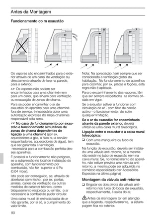Funcionamento co m exaustão
Nota: Na apreciação, tem sempre que ser
considerada a ventilação global da
habitação. No funcionamento de aparelhos
para cozinhar, por ex. placas e fogões, esta
regra não é aplicada.
Para o encaminhamento dos vapores, têm
que ser sempre respeitadas as normas ofi-
ciais em vigor.
Se o exaustor estiver a funcionar com
circulação de ar - com filtro de carvão
activo - o funcionamento não sofre
qualquer limitação.
Se o ar da exaustão for encaminhado
através da parede exterior, deverá
utilizar-se uma caixa mural telescópica.
Ligação entre o exaustor e a caixa mural
telescópica:
❑ Com uma mangueira ou tubo de
exaustão.
Na função de exaustão, deveria ser instala-
da uma válvula anti-retorno, se a mesma
não existir no tubo de exaustão nem na
caixa mural. Se, no fornecimento do aparel-
ho, não estiver prevista uma válvula anti-
retorno, a mesma pode ser adquirida no
comércio especializado (ver Acessórios
Especiais na última página)
Montagem da válvula anti-retorno
❑ Engatar os dois pivots da válvula anti-
retorno nos furos do bocal de exaustão,
respectivamente, à saída do ar.
ṇAntes da montagem ter em atenção
que a legenda, respectivamente, a estam-
pagem fica no exterior.
Antes da Montagem
90
Os vapores são encaminhados para o exte-
rior através de um canal de ventilação ou
directamente através de furo na parede,
para o exterior.
D Os vapores não podem ser
encaminhados para uma chaminé nem
para um canal, que sirvam para ventilação
ou evacuação de zonas de chama.
Para se poder encaminhar o ar de
exaustão do aparelho para uma chaminé
fora de serviço, é necessário obter uma
autorização expressa do limpa-chaminés
responsável pela zona.
D No caso de funcionamento por exau-
stão e funcionamento simultâneo de
zonas de chama dependentes de
ligação a uma chaminé (por ex.
aquecedores a gás, a óleo ou a carvão;
esquentadores, aquecedores de água), tem
que ser garantida a ventilação
necessária para a combustão perfeita des-
ses aparelhos.
É possível o funcionamento não perigoso,
se a subpressão no local de instalação do
aparelho, com funcionamento por
combustão, não for superior a 4 Pa
(0.04 mbar).
Isto pode ser conseguido, se, através de
aberturas com fecho, por ex. portas,
janelas, caixas de ventilação ou outras
medidas de caracter técnico, como
bloqueamento recíproco ou similar, o ar
necessário à combustão puder circular.
Uma caixa mural de entrada/saída de ar
não garante, por si só, o cumprimento do
valor limite.
5750.197 457+458.Bo/Si.qxd 24.01.2005 10:08 Uhr Seite 90
 