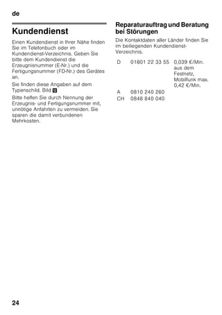 de
23
Störung Mögliche Ursache Abhilfe
Keine Anzeige
leuchtet.
Stromausfall;
die Sicherung hat
ausgelöst; der
Netzstecker sitzt nicht
fest.
Netzstecker anschliessen. Prüfen,
ob Strom vorhanden ist,
Sicherungen überprüfen.
Die Temperatur im
Gefrierraum ist zu
warm.
Häufiges Öffnen des
Gerätes.
Gerät nicht unnötig öffnen.
Die Be- und
Entlüftungsöffnungen
sind verdeckt.
Hindernisse entfernen.
Einfrieren größerer
Mengen frischer
Lebensmittel.
Max. Gefriervermögen nicht
überschreiten.
Gefrierraum-Tür war
lange Zeit offen;
Temperatur wird nicht
mehr erreicht.
Der Verdampfer
(Kälteerzeuger) im
Nofrost-System ist so
stark vereist, dass er
nicht mehr
vollautomatisch
abtaut.
Zum Abtauen des Verdampfers,
Gefriergut mit den Fächern
entnehmen und gut isoliert an einem
kühlen Platz lagern.
Gerät ausschalten und von der
Wand wegrücken. Gerätetür offen
lassen.
Nach ca. 20 Min. beginnt das
Tauwasser in die
Verdunstungsschale auf der
Geräterückseite zu laufen. Bild +
Um ein Überlaufen der
Verdunstungsschale in diesem Fall
zu vermeiden, Tauwasser mit einem
Schwamm aufsaugen.
Wenn kein Tauwasser mehr in die
Verdunstungsschale läuft, ist der
Verdampfer abgetaut. Innenraum
reinigen. Gerät wieder in Betrieb
nehmen.
 
