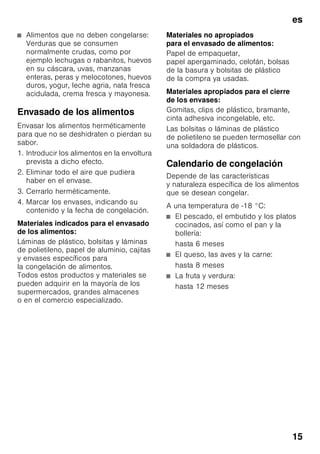 es
14
Congelar y guardar
alimentos
Puntos a tener en cuenta al
comprar alimentos
ultracongelados
■ Prestar atención a que la envoltura del
alimento o producto congelado no
presente ningún tipo de daño.
■ Verifique la fecha de caducidad de los
alimentos. Cerciórese de que ésta no
ha vencido.
■ La indicación de la temperatura del
congelador del establecimiento en
donde adquiera los alimentos deberá
señalar un valor mínimo de -18 °C.
■ Al hacer la compra, recuerde que
conviene adquirir los alimentos
congelados en el último momento.
Procure transportarlos directamente
a casa envueltos en una bolsa
isotérmica. Una vez en el hogar,
deberá colocarlos inmediatamente en
el compartimento de congelación.
Al colocar los alimentos
Congelar preferentemente grandes
cantidades de alimentos frescos en
el compartimiento superior. Aquí los
alimentos se congelan de modo
especialmente rápido y cuidadoso.
Colocar los alimentos distribuyéndolos
uniformemente en los compartimentos o
el cajón de congelación. Los productos
congelados que ya hubiera en el
compartimento de congelación no
deberán entrar en contacto con los
alimentos frescos que se desean
congelar. En caso necesario, recoger
y apilar los alimentos congelados en los
cajones de congelación.
Guardar los alimentos
congelados
Cerciorarse de que el cajón de
congelación esté introducido a tope en
el aparato a fin de asegurar una
circulación impecable del aire por el
aparato.
Congelar alimentos
frescos
Si decide congelar usted mismo los
alimentos, utilice únicamente alimentos
frescos y en perfectas condiciones.
Blanquear (escaldar) las verduras antes
de su congelación a fin de que su sabor,
aroma o color no se deteriore, ni pierdan
tampoco su valor nutritivo. Las
berenjenas, los calabacines y
espárragos no hay que escaldarlos.
Más detalles sobre este método podrán
hallarse en cualquier libro o manual
de cocina que trate los aspectos de la
congelación de alimentos y en donde se
describa el método del blanqueado.
Nota
Procurar que los alimentos congelados
que ya hubiera en el congelador no
entren en contacto con los alimentos
frescos que se desean congelar.
■ Alimentos adecuados para
la congelación:
Pan y bollería, pescado y marisco,
carne, caza, aves, verduras y
hortalizas, frutas, hierbas aromáticas,
huevos sin cáscara, productos lácteos
tales como queso, mantequilla y
requesón, platos cocinados y restos
de comidas como por ejemplo sopas,
potajes, carnes o pescados
cocinados, platos de patatas,
gratinados y platos dulces.
 