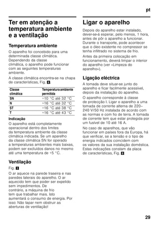 pt
28
Instruções sobre
reciclagem
* Reciclagem da embalagem
A embalagem protege o seu aparelho
de danos no transporte. Os materiais
utilizados não são poluentes e são
reutilizáveis. Proceda à reciclagem
da embalagem de forma compatível
com o meio ambiente.
Junto do seu Agente ou dos Serviços
Municipalizados poderá informar-se
sobre os procedimentos actuais
de reciclagem.
* Reciclagem dos aparelhos
usados
Os aparelhos antigos não são lixo sem
qualquer valor! Através duma reciclagem
compatível com o meio ambiente,
podem ser recuperadas matérias primas
valiosas.
ã=Aviso
Em aparelhos fora de serviço
1. Desligar a ficha da tomada.
2. Cortar o cabo eléctrico e afastá-lo
do aparelho com a respectiva ficha.
3. Não retirar as prateleiras
e os recipientes, para evitar que
as crianças trepem com a ajuda
destes.
4. Não deixar que as crianças brinquem
com o aparelho fora de serviço.
Perigo de asfixia!
Os aparelhos de frio contêm agente
refrigerador e, no isolamento, gases.
O agente refrigerador e os gases devem
ser eliminados correctamente. Ter
cuidado para não danificar a tubagem
do agente refrigerador até à sua
reciclagem correcta.
O fornecimento inclui
Depois de desembrulhar o aparelho, há
que verificar todas as peças quanto
eventuais danos de transporte.
Para reclamações, dirija-se ao Agente,
onde comprou o aparelho ou à nossa
Assistência Técnica.
O fornecimento é constituído pelas
seguintes peças:
■ Aparelho Solo
■ Equipamento (dependente do
modelo)
■ Instruções de serviço
■ Instruções de montagem
■ Folheto sobre Assistência Técnica
■ Anexo sobre garantia
■ Informações sobre consumo de
energia e ruídos
■ Saco com material para a montagem
Este aparelho está marcado
em conformidade com a Directiva
2002/96/EG relativa aos
resíduos de equipamentos
eléctricos e electrónicos (waste
electrical and electronic
equipment – WEEE). A directiva
estabelece o quadro para
a criação de um sistema de
recolha e valorização dos
equipamentos usados válido
em todos os Estados Membros
da União Europeia.
 