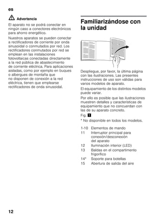 es
12
m Advertencia
El aparato no se podrá conectar en
ningún caso a conectores electrónicos
para ahorro energético.
Nuestros aparatos se pueden conectar
a rectificadores de corriente por onda
sinusoidal o conmutados por red. Los
rectificadores conmutados por red se
emplean en las instalaciones
fotovoltaicas conectadas directamente
a la red pública de abastecimiento
de corriente eléctrica. Para aplicaciones
aisladas, como por ejemplo en buques
o albergues de montaña que
no disponen de conexión a la red
eléctrica, tienen que emplearse
rectificadores de onda sinusoidal.
Familiarizándose con
la unidad
Despliegue, por favor, la última página
con las ilustraciones. Las presentes
instrucciones de uso son válidas para
varios modelos de aparato.
El equipamiento de los distintos modelos
puede variar.
Por ello es posible que las ilustraciones
muestren detalles y características de
equipamiento que no concuerdan con
las de su aparato concreto.
Fig. !
* No disponible en todos los modelos.
1-10 Elementos de mando
11 Interruptor principal para
conexión/desconexión
del aparato
12 Iluminación interior (LED)
13 Baldas en el compartimento
frigorífico
14* Soporte para botellas
15 Abertura de salida del aire
 