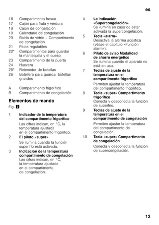 es
13
Elementos de mando
Fig. "
16 Compartimento fresco
17 Cajón para fruta y verdura
18 Cajón de congelación
19 Calendario de congelación
20 Balda de vidrio – Compartimento
de congelación
21 Patas regulables
22* Compartimentos para guardar
la mantequilla y el queso
23 Compartimento de la puerta
24 Huevera
25* Retenedor de botellas
26 Botellero para guardar botellas
grandes
A Compartimento frigorífico
B Compartimento de congelación
1 Indicador de la temperatura
del compartimento frigorífico
Las cifras indican, en °C, la
temperatura ajustada
en el compartimento frigorífico.
2 El piloto «super»
Se ilumina cuando la función
superfrío está activada.
3 Indicación de la temperatura
compartimento de congelación
Las cifras indican, en °C,
la temperatura ajustada
en el compartimento
de congelación.
4 La indicación
«Supercongelación»
Se ilumina en caso de estar
activada la supercongelación.
5 Tecla «alarm»
Desactiva la alarma acústica
(véase el capítulo «Función
alarm»).
6 Piloto de aviso Modalidad
de ahorro energético
Se ilumina cuando el aparato no
está en uso.
7 Teclas de ajuste de la
temperatura en el
compartimento frigorífico
Permiten ajustar la temperatura
del compartimento frigorífico.
8 Tecla «super» Compartimento
frigorífico
Conecta y desconecta la función
de superfrío.
9 Teclas de ajuste de la
temperatura en el
compartimento de congelación
Permiten ajustar la temperatura
del compartimento de
congelación.
10 Tecla «super» Compartimento
de congelación
Conecta y desconecta la función
de supercongelación.
 