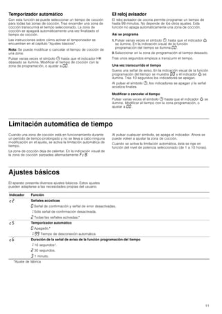 11
Temporizador automático
Con esta función se puede seleccionar un tiempo de cocción
para todas las zonas de cocción. Tras encender una zona de
cocción transcurrirá el tiempo seleccionado. La zona de
cocción se apagará automáticamente una vez finalizado el
tiempo de cocción.
Las instrucciones sobre cómo activar el temporizador se
encuentran en el capítulo Ajustes básicos.
Nota: Se puede modificar o cancelar el tiempo de cocción de
una zona:
Pulsar varias veces el símbolo 0 hasta que el indicador x
deseado se ilumine. Modificar el tiempo de cocción con la
zona de programación, o ajustar a ‹‹.
El reloj avisador
El reloj avisador de cocina permite programar un tiempo de
hasta 99 minutos. No depende de los otros ajustes. Esta
función no apaga automáticamente una zona de cocción.
Así se programa
1. Pulsar varias veces el símbolo 0 hasta que el indicador W
se ilumine. En la indicación visual de la función
programación del tiempo se ilumina ‹‹.
2. Seleccionar en la zona de programación el tiempo deseado.
Tras unos segundos empieza a transcurrir el tiempo.
Una vez transcurrido el tiempo
Suena una señal de aviso. En la indicación visual de la función
programación del tiempo se muestra ‹‹ y el indicador W se
ilumina. Tras 10 segundos los indicadores se apagan.
Al pulsar el símbolo 0, los indicadores se apagan y la señal
acústica finaliza.
Modificar o cancelar el tiempo
Pulsar varias veces el símbolo 0 hasta que el indicador W se
ilumine. Modificar el tiempo con la zona programación, o
ajustar a ‹‹.
Limitación automática de tiempo
Cuando una zona de cocción está en funcionamiento durante
un período de tiempo prolongado y no se lleva a cabo ninguna
modificación en el ajuste, se activa la limitación automática de
tiempo.
La zona de cocción deja de calentar. En la indicación visual de
la zona de cocción parpadea alternadamente ”y ‰.
Al pulsar cualquier símbolo, se apaga el indicador. Ahora se
puede volver a ajustar la zona de cocción.
Cuando se activa la limitación automática, ésta se rige en
función del nivel de potencia seleccionado (de 1 a 10 horas).
Ajustes básicos
El aparato presenta diversos ajustes básicos. Estos ajustes
pueden adaptarse a las necesidades propias del usuario.
Indicador Función
™ƒ Señales acústicas
‹ Señal de confirmación y señal de error desactivadas.
‚ Sólo señal de confirmación desactivada.
ƒ Todas las señales activadas.*
™† Temporizador automático
‹ Apagado.*
‚-ŠŠ Tiempo de desconexión automática
™‡ Duración de la señal de aviso de la función programación del tiempo
‚ 10 segundos*.
ƒ 30 segundos.
„ 1 minuto.
*Ajuste de fábrica
 