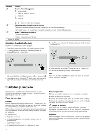 12
Acceder a los ajustes básicos
La placa de cocción debe estar apagada.
1. Encender la placa de cocción con el interruptor principal.
2. En los siguientes 10 segundos, mantener pulsado el
símbolo 0 durante 4 segundos.
A la izquierda de la pantalla se muestra ™ƒ y a la derecha ‹.
3. Pulsar varias veces el símbolo 0 hasta que a la izquierda de
la pantalla aparezca el indicador de la función deseada.
4. A continuación, seleccionar el ajuste deseado con la zona de
programación.
5. Volver a pulsar el símbolo 0 durante más de 4 segundos.
Los ajustes se habrán guardado correctamente.
Salir
Para salir de los ajustes básicos, apagar la placa de cocción
con el interruptor principal.
Cuidados y limpieza
Los consejos y advertencias que se mencionan en este
capítulo sirven de ayuda para la limpieza y el mantenimiento
óptimos de la placa de cocción
Placa de cocción
Limpieza
Limpiar la placa después de cada cocción. De este modo, se
evita que los restos adheridos se quemen. No limpiar la placa
de cocción hasta que esté suficientemente fría.
Utilizar sólo productos de limpieza apropiados para placas de
cocción. Observar las indicaciones que figuran en el envoltorio
del producto.
No utilizar nunca:
■ Productos abrasivos
■ Limpiadores agresivos como sprays para el horno y
quitamanchas
■ Esponjas que rayen
■ Limpiadores de alta presión o máquinas de vapor
Rascador para vidrio
Eliminar la suciedad resistente con un rascador para vidrio.
1. Quitar el seguro del rascador
2. Limpiar la superficie de la placa de cocción con la cuchilla.
No limpiar la superficie de la placa de cocción con la funda del
rascador, la superficie podría rayarse.
ã=¡Peligro de lesiones!
La cuchilla está muy afilada. Peligro de daños por cortes.
Proteger la cuchilla cuando no se esté utilizando. Reemplazar
inmediatamente la cuchilla cuando presente desperfectos.
Cuidados
Aplicar un aditivo para la conservación y protección de la placa
de cocción. Observar los consejos y advertencias que figuran
en el envoltorio.
™ˆ Función Power-Management
‹ = Desactivada.*
‚ = 1000 W. potencia mínima.
‚. = 1500 W.
ƒ = 2000 W.
...
Š ó Š. = potencia máxima de la placa.
™Š Tiempo de selección de la zona de cocción
‹ Ilimitado: permanece seleccionada la última zona de cocción programada.*
‚ Limitado: la zona de cocción permanecerá seleccionada sólo durante 10 segundos.
™‹ Volver a los ajustes por defecto
‹ Ajustes personales.*
‚ Volver a los ajustes de fábrica.
Indicador Función
*Ajuste de fábrica
 