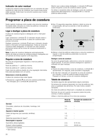 20
Indicador de calor residual
A placa de cosedura está equipada com um indicador de calor
residual em cada zona de cozedura, que mostra quais ainda
estão quentes. Evitar tocar na zona de cozedura que mostrar
esta indicação.
Mesmo que a placa esteja desligada, o indicador œ/• ficará
aceso enquanto a zona de cozedura estiver quente.
Ao retirar o recipiente antes de desligar a zona de cozedura,
aparecerão alternadamente o indicador œ/• e o nível de
potência seleccionado.
Programar a placa de cozedura
Neste capítulo mostra-se como ajustar uma zona de cozedura.
Na tabela estão indicados os níveis de potência e tempos de
cozedura para diferentes pratos.
Ligar e desligar a placa de cozedura
A placa de cozedura liga-se e desliga-se com o interruptor
principal.
Ligar: pressionar o símbolo #. O indicador situado sobre o
interruptor principal acende-se. A placa de cozedura está
pronta a funcionar.
Desligar: pressionar o símbolo # até que o indicador situado
sobre o interruptor principal desapareça. Todas as zonas de
cozedura estão desligadas. O indicador de calor residual
permanece aceso até as zonas de cozedura arrefecerem o
suficiente.
Nota: A placa de cozedura desliga-se automaticamente,
depois de todas as zonas de cozedura estarem desligadas por
um período de tempo superior a 20 segundos.
Regular a zona de cozedura
Na zona de programação regula-se o nível de potência
pretendido.
Nível de potência 1 = potência mínima.
Nível de potência 9 = potência máxima.
Cada nível de potência dispõe de uma regulação intermédia.
Esta está assinalada com um ponto.
Seleccionar o nível de potência
A placa de cozedura deve estar ligada.
1. Pressionar o símbolo ¤ da zona de cozedura pretendida.
Na indicação, ‹ e o símbolo N acendem-se.
2. Nos 10 segundos seguintes, deslizar o dedo na zona de
programação, até que se acenda o nível de potência
pretendido.
3. Alterar o nível de potência: seleccionar a zona de cozedura e
regular o nível de potência pretendido na zona de
programação.
Desligar a zona de cozedura
Na zona de programação, seleccione a zona de cozedura e
regule para ‹ . A zona de cozedura desliga-se e aparece o
indicador de calor residual.
Notas
■ Depois de seleccionada a zona de cozedura, o símbolo N é
apresentado. Em seguida, pode proceder à regulação.
■ Se não tiver colocado um recipiente na zona de cozedura
por indução, o nível de potência seleccionado pisca.
Passado um tempo, a zona de cozedura desliga-se.
Tabela de cozedura
Na tabela seguinte são apresentados alguns exemplos.
Os tempos de cozedura dependem do nível de potência, tipo,
peso e qualidade dos alimentos. Por este motivo, existem
variações.
Os níveis de potência influenciam o resultado da cozedura.
Remover de vez em quando, se aquecer pratos de purés,
cremes e molhos espessos.
Utilizar o nível de potência 9 no início da cozedura.
 
Nível de
potência
Duração da cozedura em
minutos
Derreter
Chocolate, cobertura de chocolate, manteiga, mel 1-1. -
Gelatina 1-1. -
Aquecer e manter quente
Caldo de legumes (por exemplo, lentilhas) 1-2 -
Leite** 1.-2. -
Salsichas aquecidas em água** 3-4 -
Descongelar e aquecer
Espinafres ultracongelados 2.-3. 5-15 min.
Gulasch ultracongelado 2.-3. 20-30 min.
* Cozedura sem tampa
** Sem tampa
 