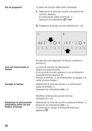 20
La placa de cocción debe estar conectada.
1. Seleccionar la zona de cocción y la posición de
cocción deseada.
A continuación pulsar el símbolo r.
Aparecen los indicadores kk y min.
2. Programar el tiempo con los símbolos de 1 a 9.
Al cabo de unos segundos, el tiempo comienza a
transcurrir.
La zona de cocción se desconecta.
Suena una señal de aviso.
En la zona de cocción aparece 0 y en la indicación
visual del tiempo aparece 00.
Al tocar el símbolo r, las indicaciones se apagan y la
señal acústica finaliza.
Seleccionar la zona de cocción y a continuación
pulsar el símbolo r.
Aparecen los indicadores min y r.
Modificar el tiempo de cocción con los
símbolos de 1 a 9.
Seleccionar la zona de cocción y pulsar el símbolo r.
Aparecen los indicadores min y r.
A continuación, pulsar el símbolo 0 hasta que
aparezca kk.
Así se programa
Una vez transcurrido el
tiempo
Corregir el tiempo
Desactivar la desconexión
automática antes de que
finalice el tiempo
 
