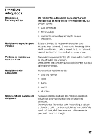 37
Os recipientes adequados para cozinhar por
indução são os recipientes ferromagnéticos, que
podem ser de:
H aço esmaltado
H ferro fundido
H recipiente especial para indução de aço
inoxidável.
Existe outro tipo de recipientes especiais para
indução, cuja base não é totalmente ferromagnética.
Verificar o diâmetro poderia intervir tanto na detecção
do recipiente como nos resultados da cozedura.
Para saber se os recipientes são adequados, verificar
se são atraídos por um íman.
O fabricante sabe indicar quais os recipientes que são
aptos para indução.
Nunca utilizar recipientes de:
H aço fino normal
H vidro
H barro
H cobre
H alumínio
As características da base dos recipientes podem
influenciar a homogeneidade do resultado da
cozedura.
Os recipientes fabricados com materiais que ajudam
a difundir o calor, como os recipientes "sandwich" de
aço inoxidável, distribuem o calor uniformemente,
poupando tempo e energia.
Utensílios
adequados
Recipientes
ferromagnéticos
Recipientes especiais para
indução
Verificar os recipientes
com um íman
Recipientes não
adequados
Características da base do
recipiente
 