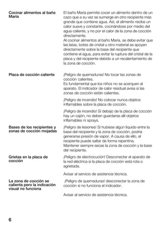 6
El baño María permite cocer un alimento dentro de un
cazo que a su vez se sumerge en otro recipiente más
grande que contiene agua. Así, el alimento recibe un
calor suave y constante, cocinándose por medio del
agua caliente, y no por el calor de la zona de cocción
directamente.
Al cocinar alimentos al baño María, se debe evitar que
las latas, botes de cristal u otro material se apoyen
directamente sobre la base del recipiente que
contiene el agua, para evitar la ruptura del cristal de la
placa y del recipiente debido a un recalentamiento de
la zona de cocción.
¡Peligro de quemaduras! No tocar las zonas de
cocción calientes.
Es fundamental que los niños no se acerquen al
aparato. El indicador de calor residual avisa si las
zonas de cocción están calientes.
¡Peligro de incendio! No colocar nunca objetos
inflamables sobre la placa de cocción.
¡Peligro de incendio! Si debajo de la placa de cocción
hay un cajón, no deben guardarse allí objetos
inflamables ni sprays.
¡Peligro de lesiones! Si hubiese algún líquido entre la
base del recipiente y la zona de cocción, podría
generarse presión de vapor. A causa de ello, el
recipiente puede saltar de forma repentina.
Mantener siempre secas la zona de cocción y la base
del recipiente.
¡Peligro de electrocución! Desconectar el aparato de
la red eléctrica si la placa de cocción está rota o
agrietada.
Avisar al servicio de asistencia técnica.
¡Peligro de quemaduras! desconectar la zona de
cocción si no funciona el indicador.
Avisar al servicio de asistencia técnica.
Cocinar alimentos al baño
María
Placa de cocción caliente
Bases de los recipientes y
zonas de cocción mojadas
Grietas en la placa de
cocción
La zona de cocción se
calienta pero la indicación
visual no funciona
 