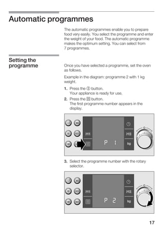 17
Automatic programmes
The automatic programmes enable you to prepare
food very easily. You select the programme and enter
the weight of your food. The automatic programme
makes the optimum setting. You can select from
7 programmes.
Once you have selected a programme, set the oven
as follows.
Example in the diagram: programme 2 with 1 kg
weight.
1. Press the % button.
Your appliance is ready for use.
2. Press the ` button.
The first programme number appears in the
display.
3. Select the programme number with the rotary
selector.
Setting the
programme
 