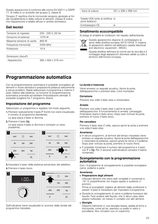 23
Questo apparecchio è conforme alle norme EN 55011 o CISPR
11. Si tratta di un prodotto del gruppo 2, classe B.
'Gruppo 2' significa che le microonde vengono generate ai fini
del riscaldamento e della cottura di alimenti. Classe B indica
che l'apparecchio è adatto all'uso in ambito domestico.
Dati tecnici
Smaltimento ecocompatibile
Si prega di smaltire le confezioni nel rispetto dell'ambiente.
Programmazione automatica
Con la programmazione automatica è possibile scongelare gli
alimenti in modo semplice e preparare le pietanze velocemente
e senza problemi. Basta selezionare il programma e inserire il
peso relativo alla pietanza. La funzione di programmazione
automatica provvede ad adottare l'impostazione ottimale. È
possibile scegliere fra 7 programmi diversi.
Impostazione del programma
Selezionare un programma e regolare nel modo seguente.
1. Premere ripetutamente il tasto e finché non viene visualizzato
il numero di programma desiderato.
La spia sopra il tasto si illumina.
2. Premere il tasto f.
La spia sopra il tasto si illumina e compare un peso
predefinito.
3. Impostare il peso della pietanza servendosi del selettore.
4. Premere il tasto Avvio.
Sull'indicatore viene visualizzato lo scorrere della durata del
programma impostato.
La durata è trascorsa
Viene emesso un segnale acustico. Aprire la porta
dell'apparecchio o premere stop. L'ora ricompare.
Correzione
Premere due volte il tasto stop e reimpostare.
Arresto
Premere una volta il tasto stop o aprire la porta
dell'apparecchio. Il funzionamento si arresta. Lampeggia
l'indicatore sopra il tasto avvio. Dopo aver richiuso la porta,
premere di nuovo il tasto avvio.
Per cancellare
Premere il tasto stop 2 volte, oppure aprire la porta e premere
una volta il tasto stop.
Avvertenze
■ In alcuni programmi, al termine del tempo impostato viene
emesso un segnale acustico. Aprire la porta dell'apparecchio
e mescolare la pietanza, oppure girare la carne o il pollame.
Dopo aver richiuso la porta, premere di nuovo Avvio.
■ È possibile richiamare il numero del programma e il peso
con e o f. Per 3 secondi sull'indicatore compare il valore
richiamato.
Scongelamento con la programmazione
automatica
Con i 4 programmi di scongelamento è possibile scongelare
carne, pollame e pane.
Avvertenze
■ Preparazione degli alimenti
Utilizzare alimenti che siano stati congelati e conservati a
-18 °C possibilmente non troppo spessi e suddivisi in
porzioni.
Prima di scongelarli, togliere gli alimenti dalla confezione e
pesarli. Il peso è necessario per impostare il programma.
■ Durante lo scongelamento di carne e pollame fuoriesce del
liquido. Fare scolare tale liquido, che in alcun caso deve
essere riutilizzato, né messo in contatto con altri alimenti.
■ Stoviglie
Disporre l'alimento in una stoviglia bassa, adatta al forno a
microonde, come ad es. esempio un piatto in vetro o
porcellana. Non chiudere con un coperchio.
Tensione di ingresso 220 - 230 V, 50 Hz
Consumo di potenza 1270 W
Massima tensione di uscita 800 W
Frequenza microonde 2450 MHz
Protezione 10 A
Dimensioni (AxLxP)
­ Apparecchio 382 x 594 x 319 mm
­ Vano di cottura 221 x 308 x 298 mm
Testato VDE (ente di certifica-
zione tedesco)
sì
Contrassegno CE sì
Questo apparecchio dispone di contrassegno ai
sensi della direttiva europea 2012/19/UE in materia
di apparecchi elettrici ed elettronici (waste electrical
and electronic equipment - WEEE).
Questa direttiva definisce le norme per la raccolta e il
riciclaggio degli apparecchi dismessi valide su tutto il
territorio dell’Unione Europea.
 