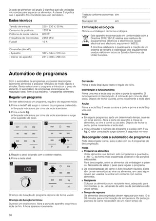 36
O facto de pertencer ao grupo 2 significa que são utilizadas
microondas para aquecer os alimentos. A classe B significa
que o aparelho foi concebido para uso doméstico.
Dados técnicos
Eliminação ecológica
Elimine a embalagem de forma ecológica.
Automático de programas
Com o automático de programas, é possível descongelar
facilmente alimentos e preparar refeições de modo rápido e
simples. Basta seleccionar o programa e introduzir o peso do
alimento. O automático de programas encarrega-se da
regulação ideal. Tem à sua escolha 7 programas diferentes.
Regular um programa
Se tiver selecionado um programa, regule-o do seguinte modo:
1. Prima a teclae até surgir o número do programa pretendido.
A lâmpada indicadora por cima da tecla acende-se.
2. Prima a tecla f.
A lâmpada indicadora por cima da tecla acende-se e surge
uma sugestão de peso.
3. Regule o peso do prato com o seletor rotativo.
4. Prima a tecla start.
O tempo de duração do programa decorre de forma visível.
O tempo de duração terminou
Ouve-se um sinal sonoro. Abra a porta do aparelho ou prima a
tecla de fim. A hora aparece novamente.
Correcção
Prima a tecla Stop duas vezes e regule de novo.
Interromper o funcionamento
Prima uma vez a tecla stop ou abra a porta do aparelho. O
funcionamento é interrompido. A indicação por cima de start
pisca. Depois de fechar a porta, prima novamente a tecla start.
Anular
Prima a tecla Stop 2 vezes ou abra a porta e prima a tecla Stop
uma vez.
Notas
■ Em alguns programas, após um determinado tempo, ouve-se
um sinal sonoro. Abra a porta do aparelho e mexa os
alimentos, ou vire a carne ou as aves. Depois de fechar a
porta, prima novamente a tecla start.
■ Pode consultar o número do programa e o peso com e ou
f. O valor consultado surge durante 3 segundos no visor.
Descongelar com o automático de programas
Pode descongelar carne, aves e pão com os 4 programas de
descongelação.
Notas
■ Preparar os alimentos
Utilize alimentos que tenham sido congelados e guardados,
a -18 °C, da forma mais espalmada possível e nas porções
adequadas.
Para descongelar, retire os alimentos da embalagem e pese-
os. Necessita de saber o peso para regular o programa.
■ Da descongelação de carne e aves resultam líquidos. Estes
têm de ser removidos ao virar os alimentos; em caso algum
devem ser usados ou entrar em contacto com outros
alimentos.
■ Recipiente
Coloque os alimentos num recipiente raso, adequado para
microondas, p. ex., um prato de vidro ou de porcelana e não
utilize tampa.
■ Tempo de repouso
Os alimentos descongelados devem repousar por mais 10 a
30 minutos para uniformização da temperatura. Os pedaços
grandes de carne necessitam de um maior tempo de
Tensão de entrada 220 - 230 V, 50 Hz
Consumo de potência 1270 W
Potência de saída máxima 800 W
Frequência do microondas 2450 MHz
Fusível 10 A
Dimensões (AxLxP)
­ Aparelho 382 x 594 x 319 mm
­ Interior do aparelho 221 x 308 x 298 mm
Testado conforme as normas
VDE
sim
Marcação CE sim
Este aparelho está marcado em conformidade com a
Directiva 2012/19/UE relativa aos resíduos de
equipamentos eléctricos e electrónicos (waste
electrical and electronic equipment - WEEE).
A directiva estabelece o quadro para a criação de um
sistema de recolha e valorização dos equipamentos
usados válido em todos os Estados Membros da
União Europeia.
 