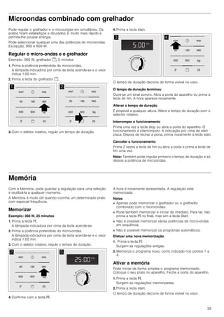 39
Microondas combinado com grelhador
Pode regular o grelhador e o microondas em simultâneo. Os
pratos ficam estaladiços e dourados. É muito mais rápido e
permite-lhe poupar energia.
Pode seleccionar qualquer uma das potências de microondas.
Excepção: 900 e 600 W.
Regular o micro-ondas e o grelhador
Exemplo: 360 W, grelhador (, 5 minutos
1. Prima a potência pretendida do micro-ondas.
A lâmpada indicadora por cima da tecla acende-se e o visor
indica 1:00 min.
2. Prima a tecla do grelhador (.
3. Com o seletor rotativo, regule um tempo de duração.
4. Prima a tecla start.
O tempo de duração decorre de forma visível no visor.
O tempo de duração terminou
Ouve-se um sinal sonoro. Abra a porta do aparelho ou prima a
tecla de fim. A hora aparece novamente.
Alterar o tempo de duração
É possível a qualquer altura. Altere o tempo de duração com o
selector rotativo.
Interromper o funcionamento
Prima uma vez a tecla stop ou abra a porta do aparelho. O
funcionamento é interrompido. A indicação por cima de start
pisca. Depois de fechar a porta, prima novamente a tecla start.
Cancelar o funcionamento
Prima 2 vezes a tecla de fim ou abra a porta e prima a tecla de
fim uma vez.
Nota: Também pode regular primeiro o tempo de duração e só
depois a potência de microondas.
Memória
Com a Memória, pode guardar a regulação para uma refeição
e reutilizá-la a qualquer momento.
A Memória é muito útil quando cozinha um determinado prato
com especial frequência.
Memorizar
Exemplo: 360 W, 25 minutos
1. Prima a tecla f.
A lâmpada indicadora por cima da tecla acende-se.
2. Prima a potência pretendida do micro-ondas.
A lâmpada indicadora por cima da tecla acende-se e o visor
indica 1:00 min.
3. Com o seletor rotativo, regule o tempo de duração.
4. Confirme com a tecla f.
A hora é novamente apresentada. A regulação está
memorizada.
Notas
■ Apenas pode memorizar o grelhador ou o grelhador
combinado com o micro-ondas.
■ Pode também memorizar e iniciar de imediato. Para tal, não
prima a tecla f no final, mas sim a tecla Start.
■ Não é possível memorizar várias potências de micro-ondas
em sequência.
■ Não é possível memorizar os programas automáticos.
Efetuar uma nova memorização
1. Prima a tecla f.
Surgem as regulações antigas.
2. Memorize o programa novo, como indicado nos pontos 1 a
4.
Ativar a memória
Pode iniciar de forma simples o programa memorizado.
Coloque o seu prato no aparelho. Feche a porta do aparelho.
1. Prima a tecla f.
Surgem as regulações memorizadas.
2. Prima a tecla start.
O tempo de duração decorre de forma visível no visor.
 

 
VWRSVWDUW

 
VWRSVWDUW

 
VWRSVWDUW

PLQ
NJ
PLQ

 

 
VWRSVWDUW
PLQ
NJ
PLQ
 